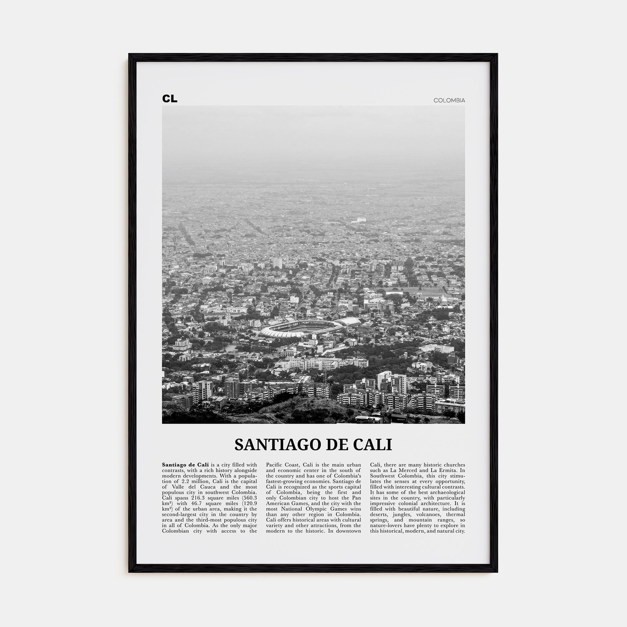 Santiago de Cali Travel B&W Poster