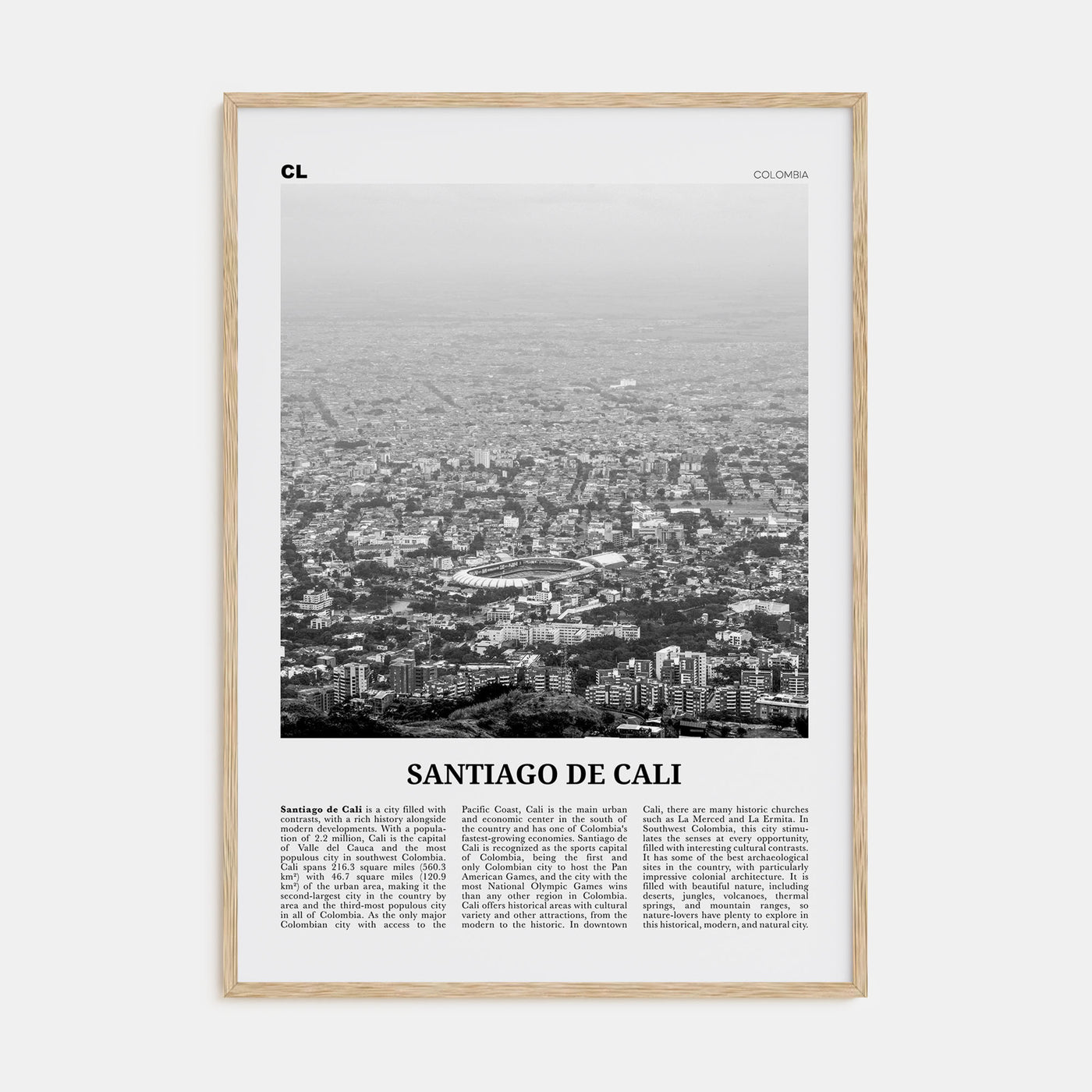 Santiago de Cali Travel B&W Poster
