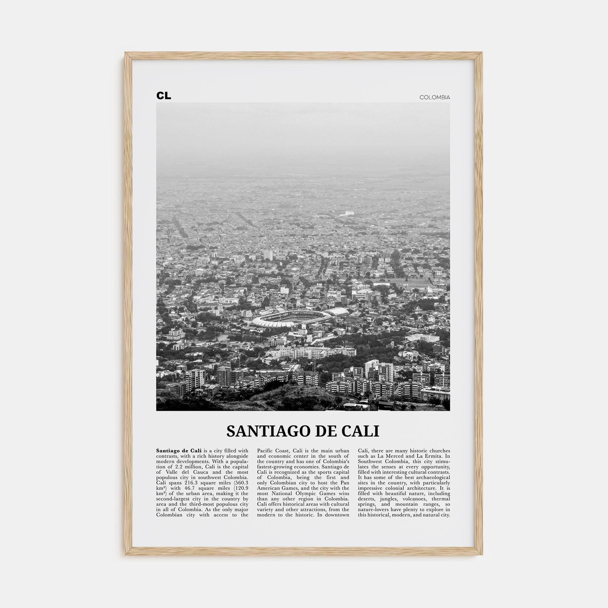 Santiago de Cali Travel B&W Poster