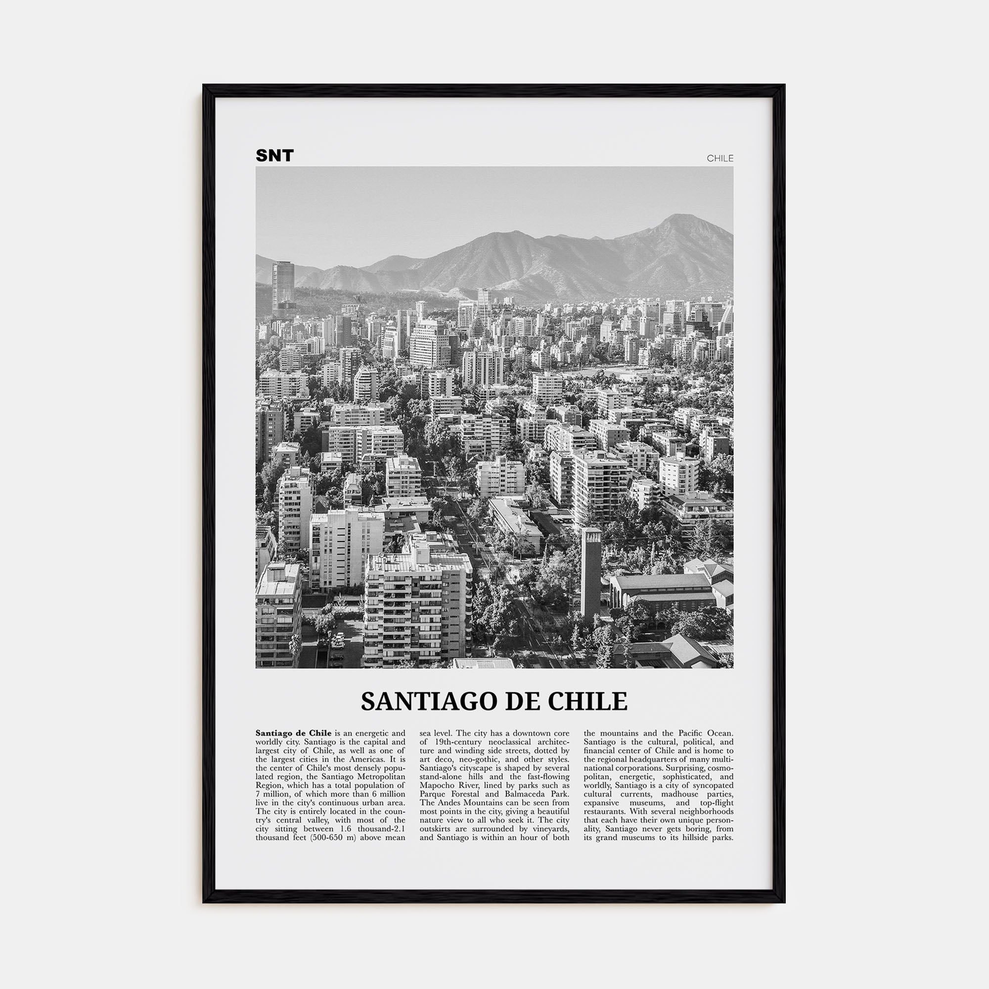 Santiago de Chile Travel B&W Poster