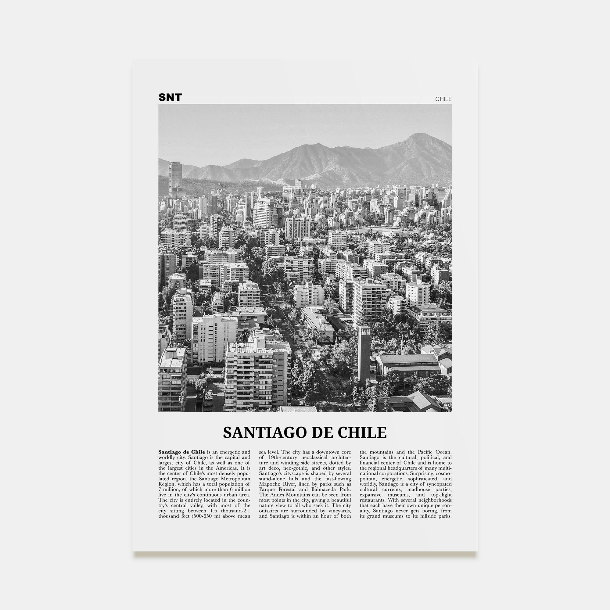 Santiago de Chile Travel B&W Poster