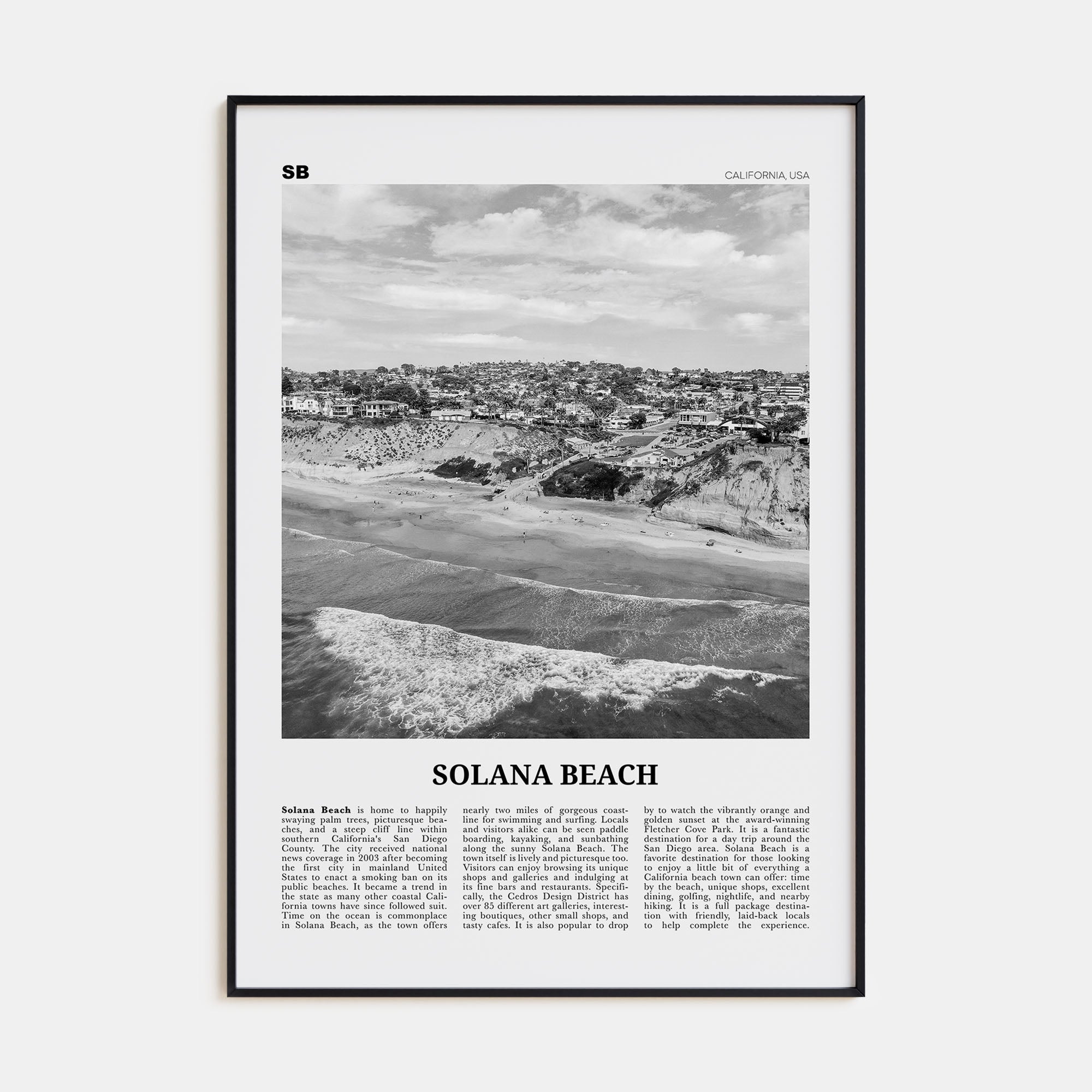 Solana Beach Travel B&W Poster