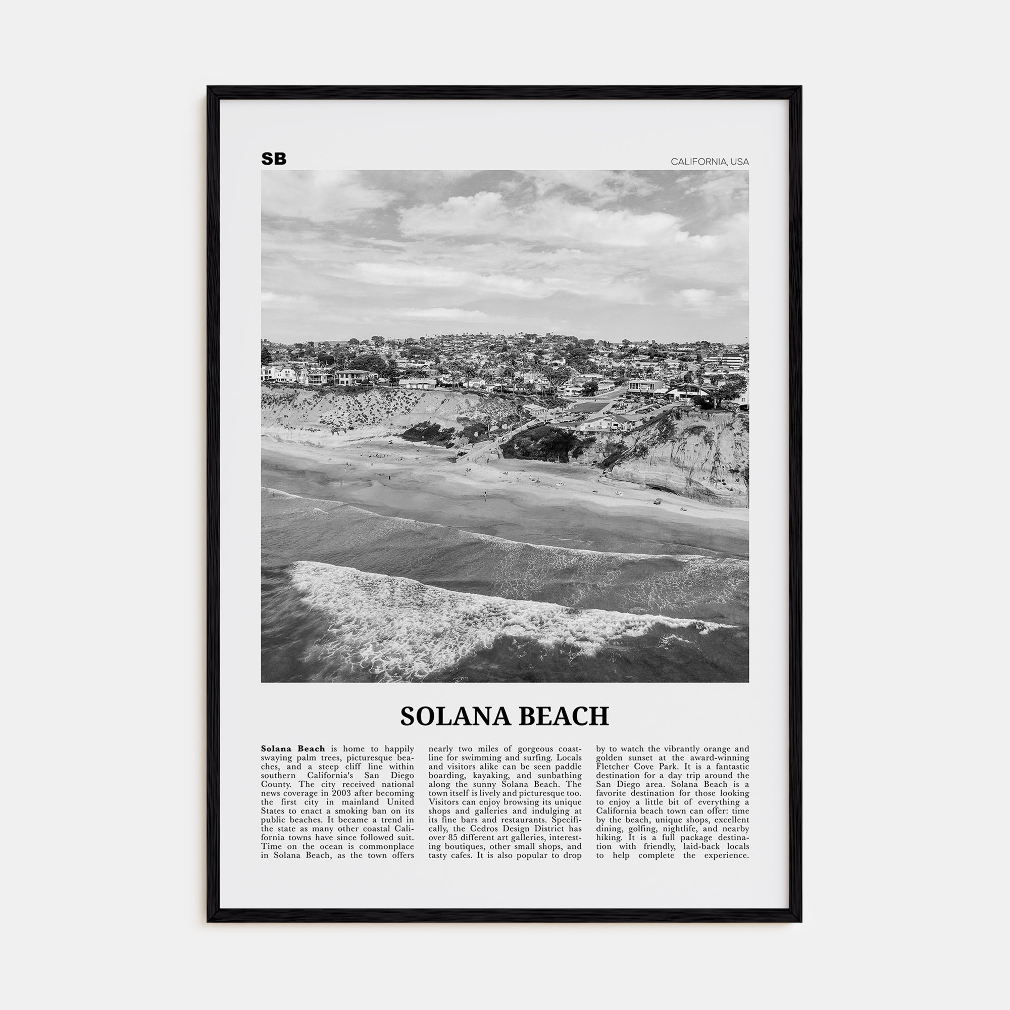 Solana Beach Travel B&W Poster