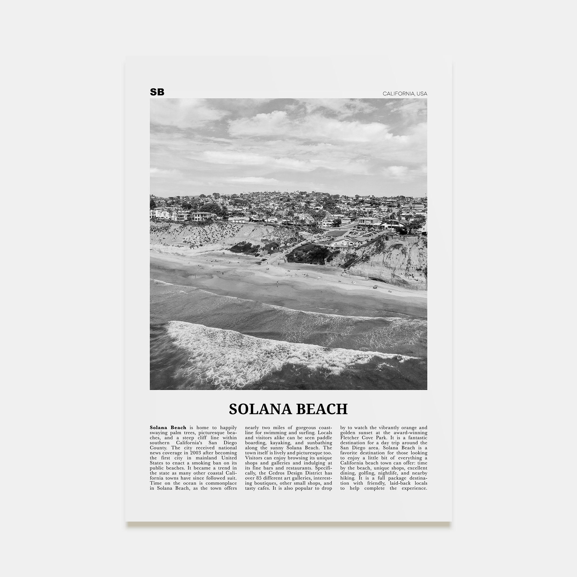 Solana Beach Travel B&W Poster