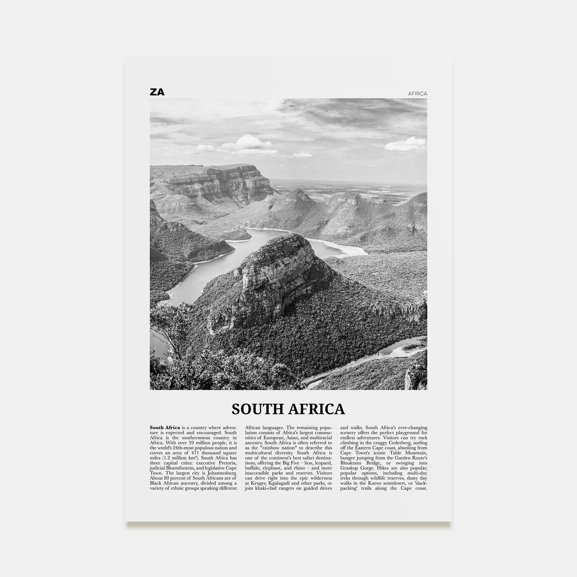 South Africa Travel B&W Poster