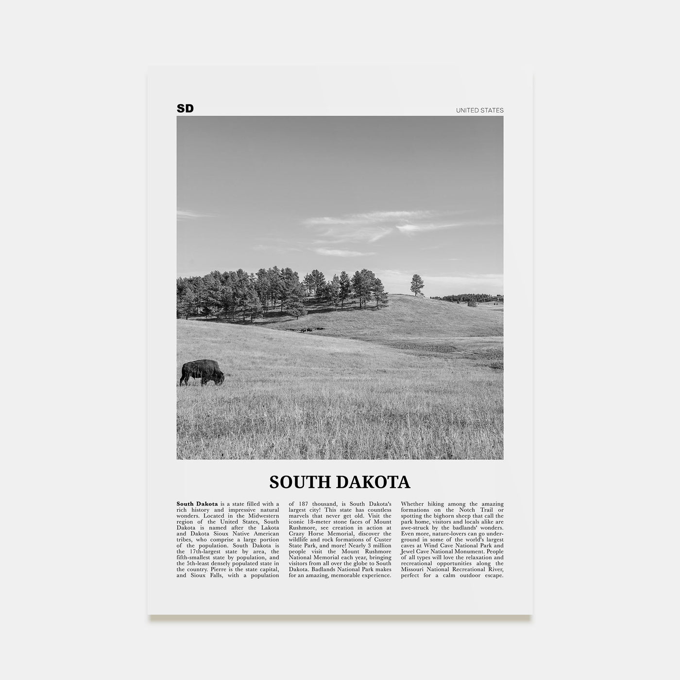 South Dakota Travel B&W No 1 Poster