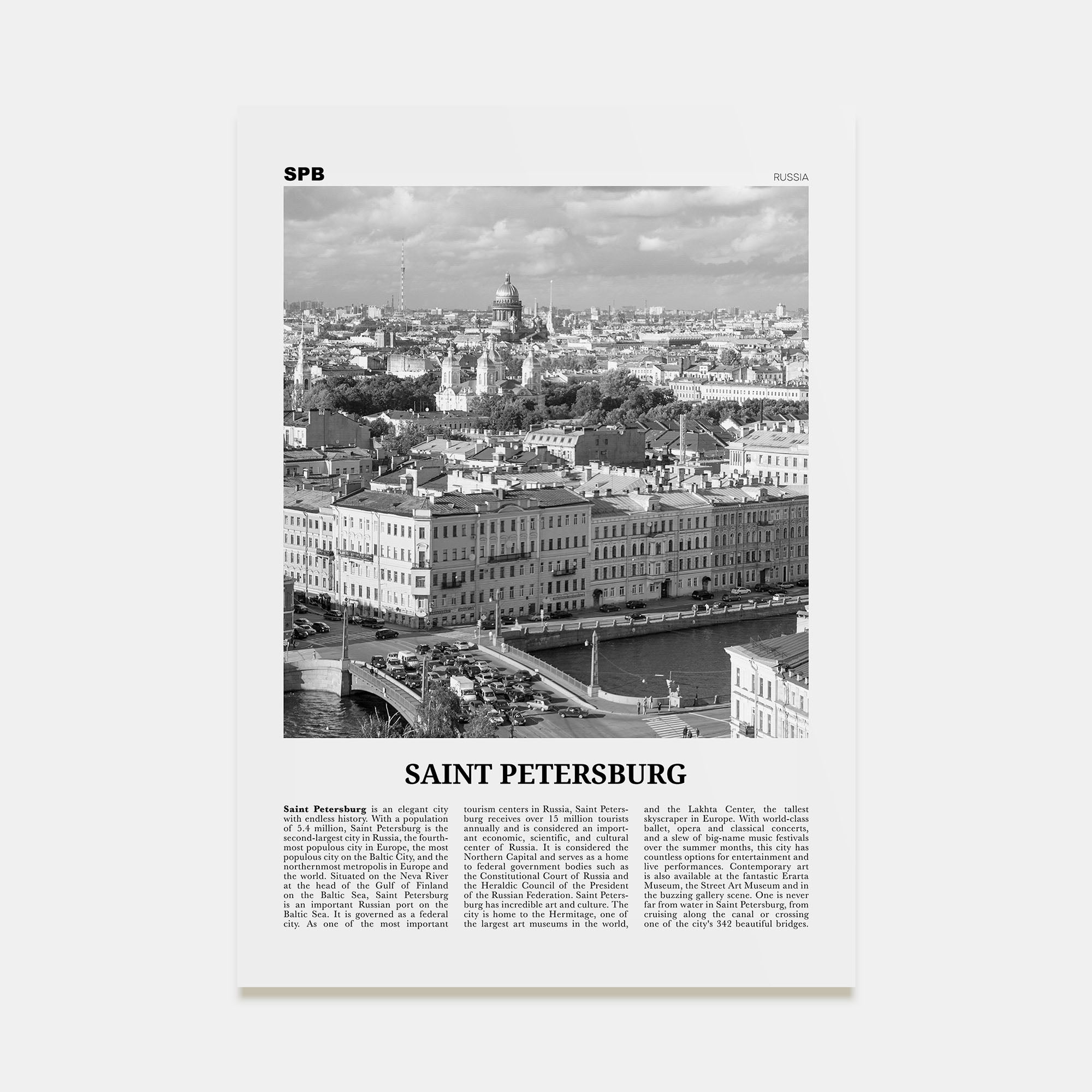 St. Petersburg, Russia Travel B&W Poster