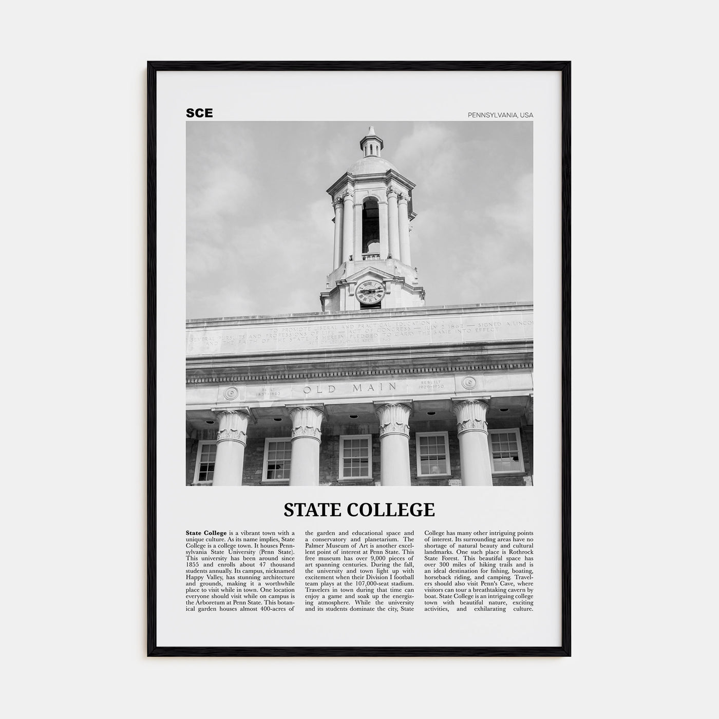State College Travel B&W Poster
