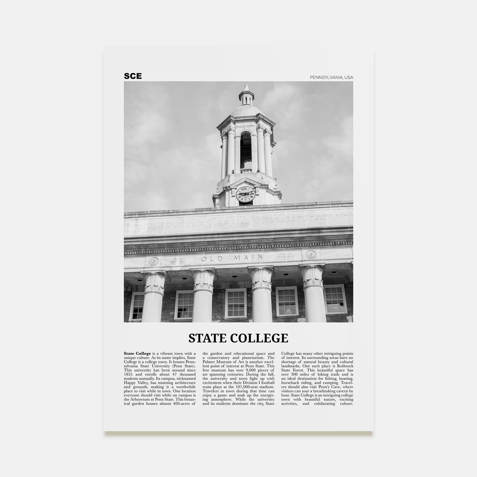 State College Travel B&W Poster