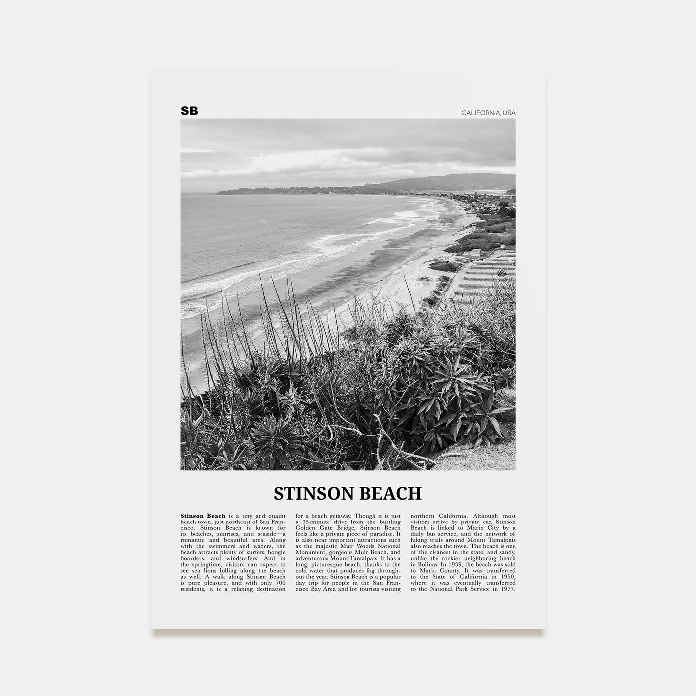 Stinson Beach Travel B&W Poster