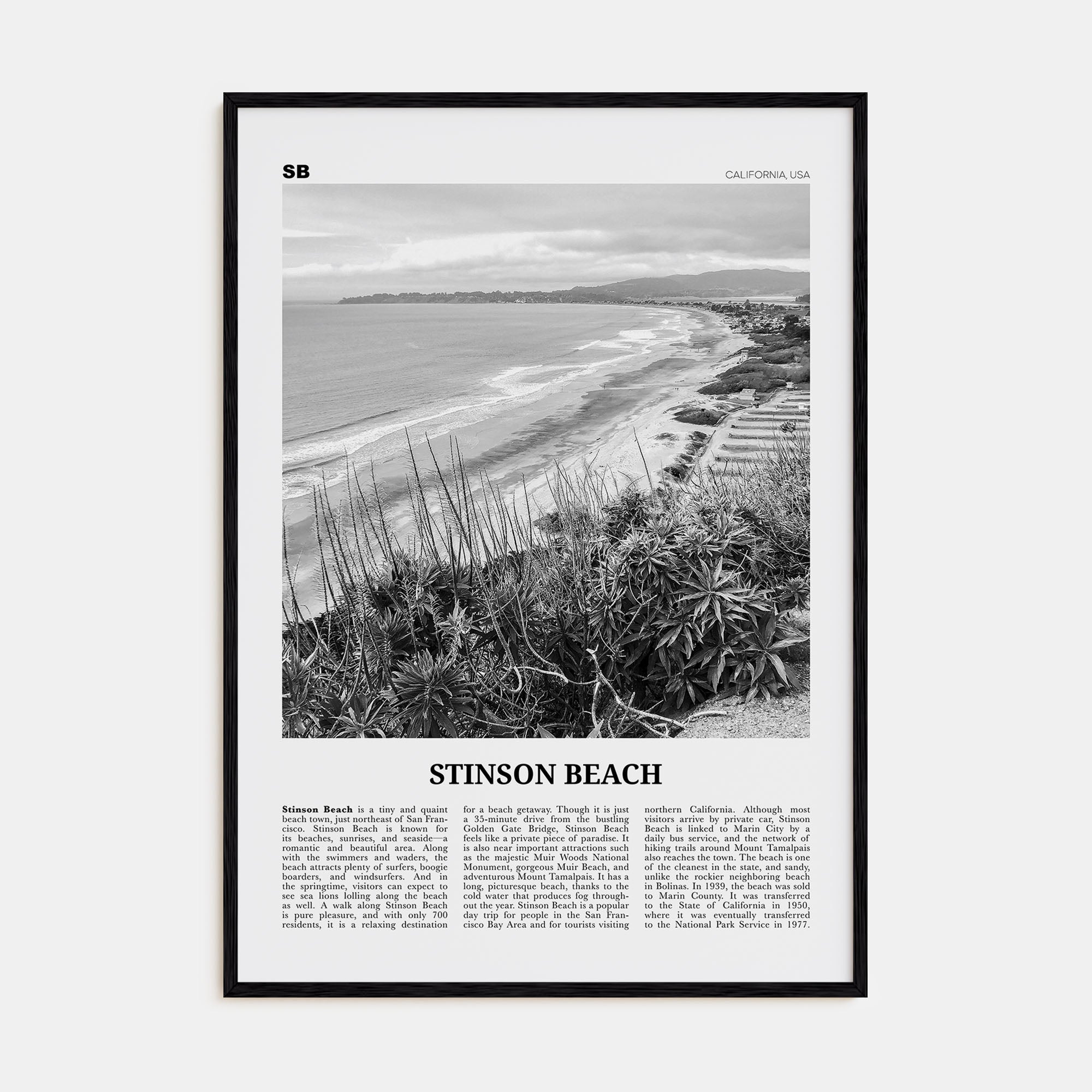 Stinson Beach Travel B&W Poster