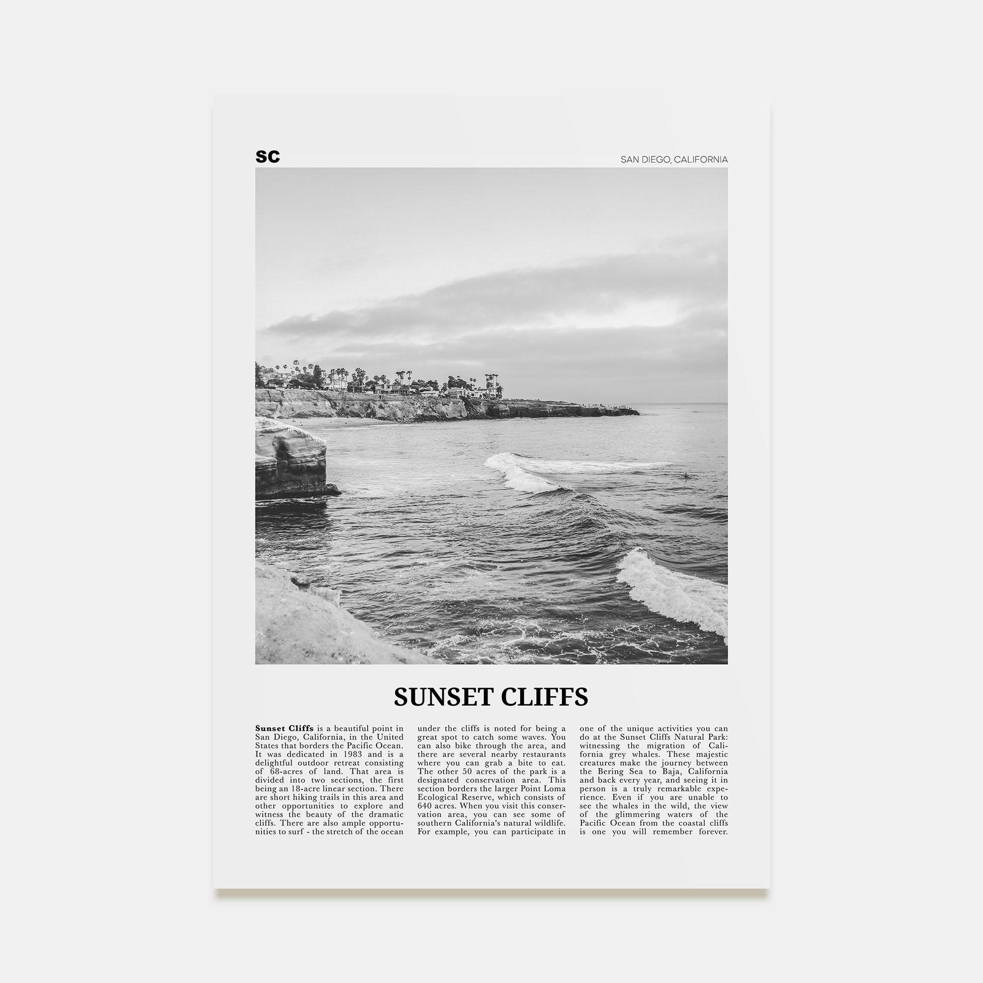 Sunset Cliffs Travel B&W Poster