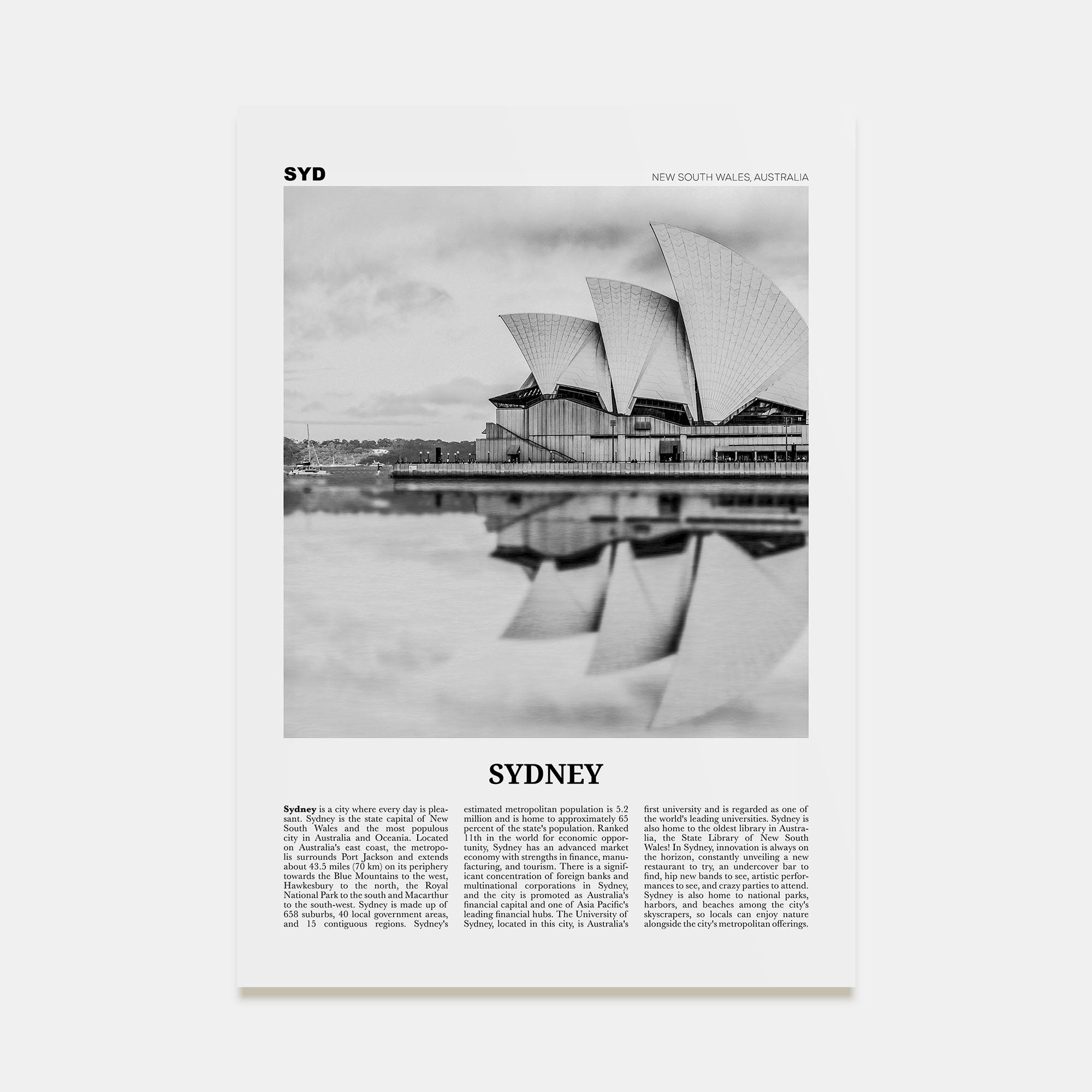 Sydney Travel B&W No 1 Poster