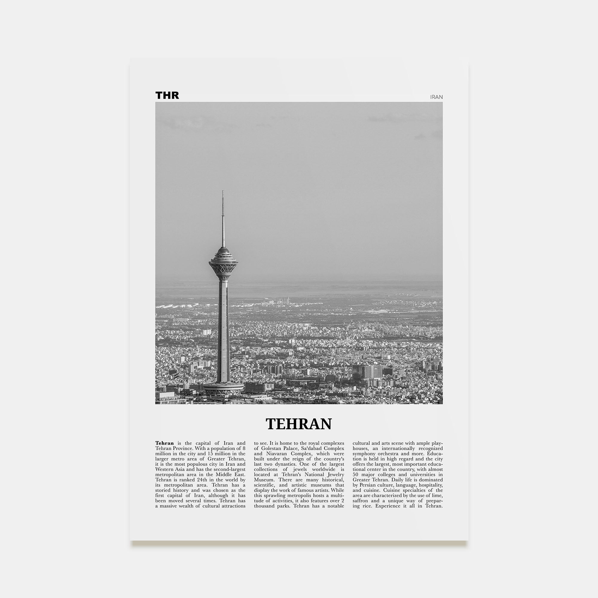 Tehran Travel B&W Poster