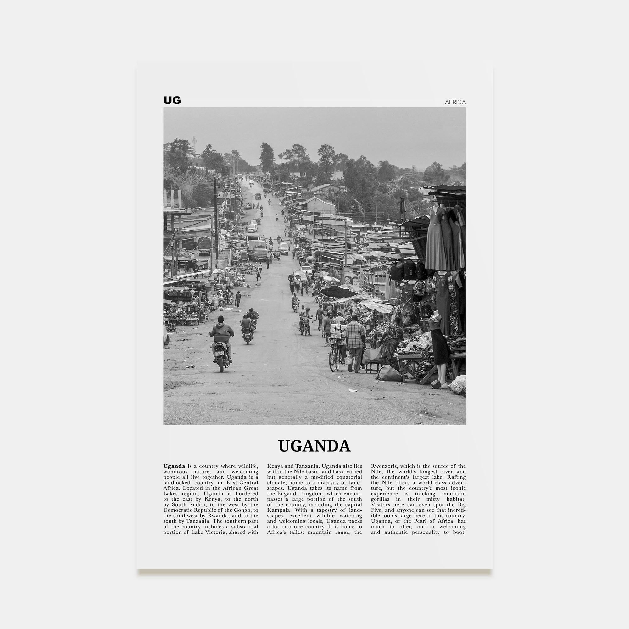 Uganda Travel B&W Poster