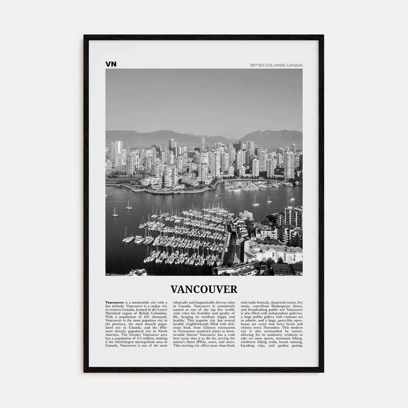 Vancouver, Canada Travel B&W No 1 Poster