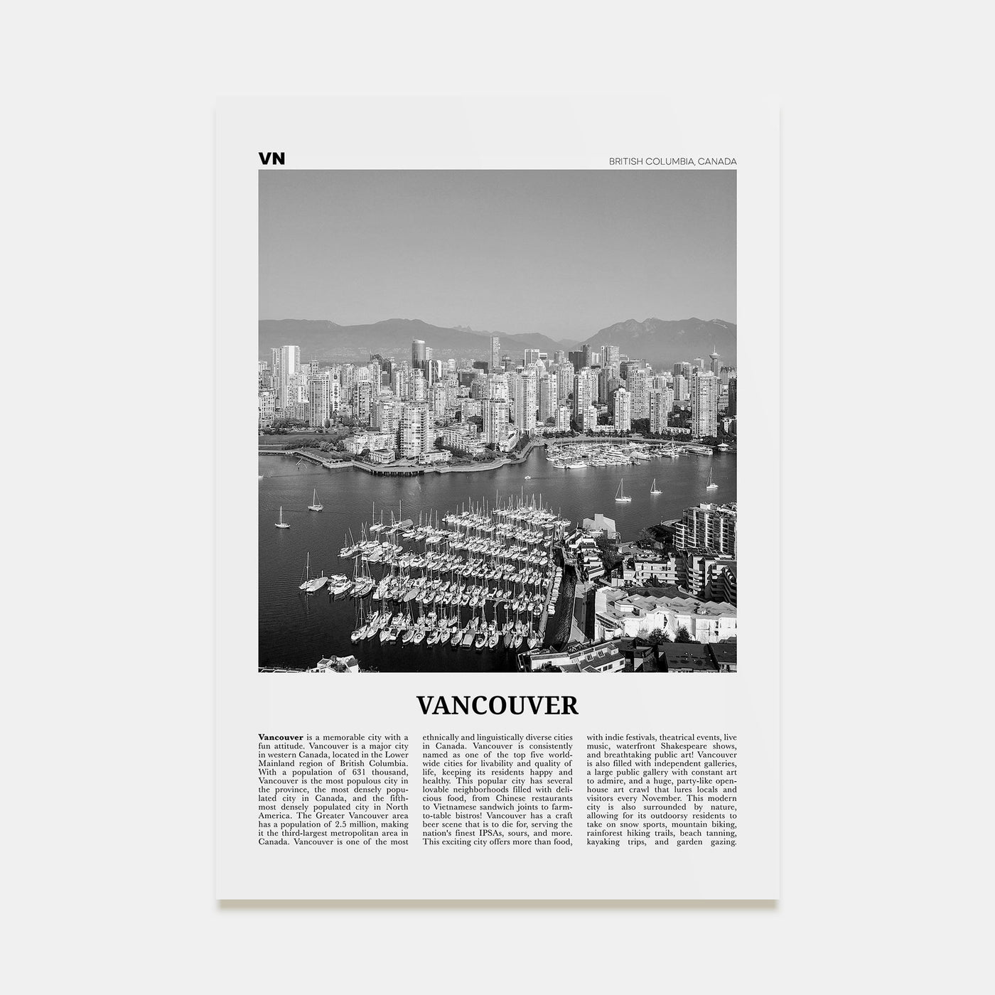 Vancouver, Canada Travel B&W No 1 Poster