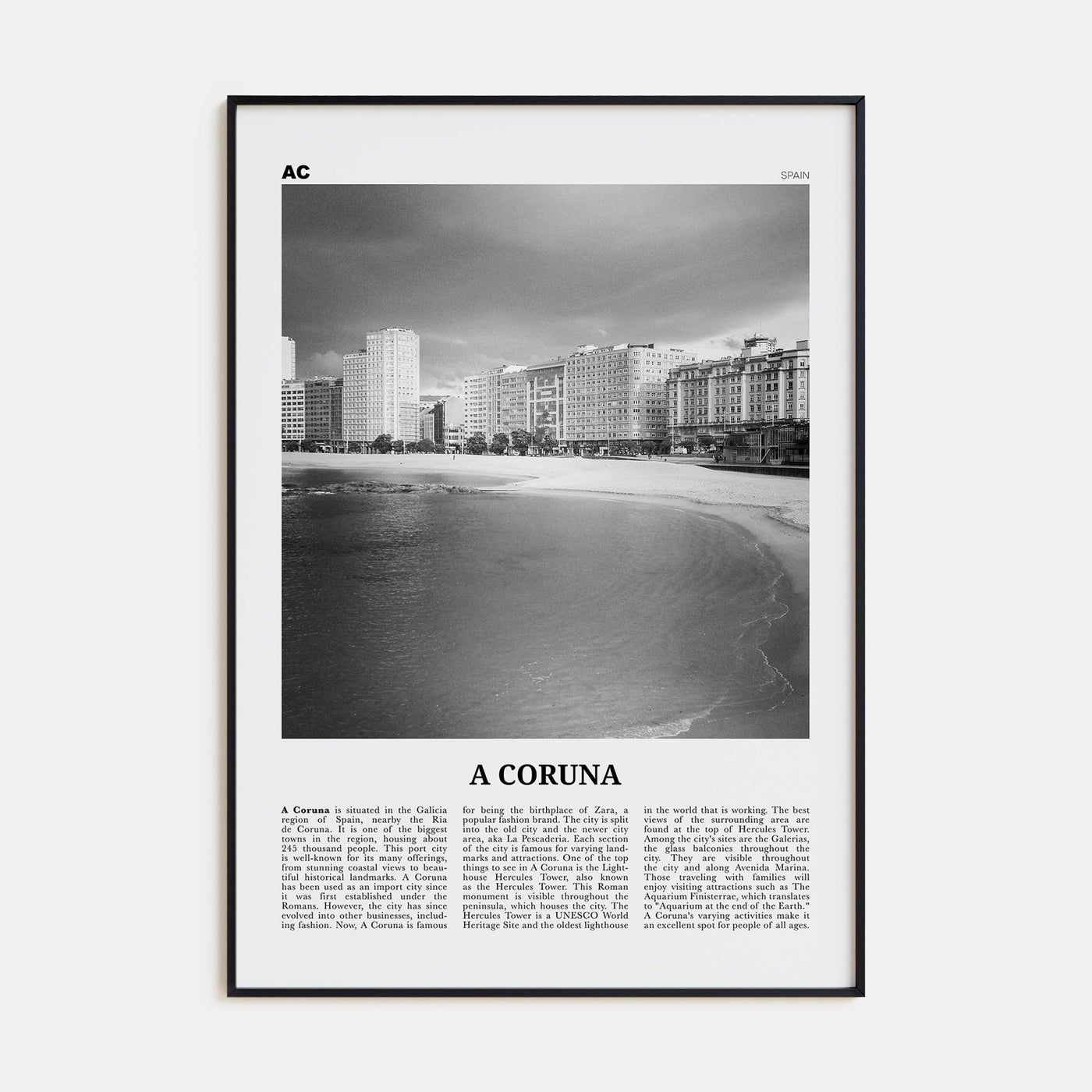 A Coruña Travel B&W Poster