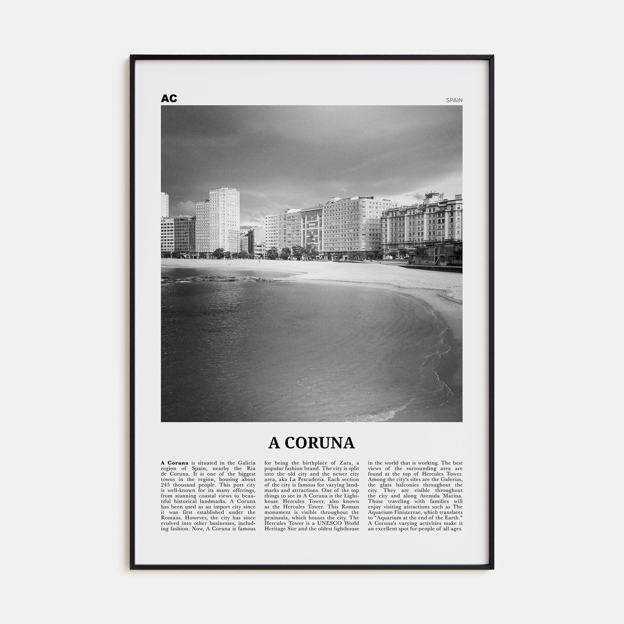 A Coruña Travel B&W Poster