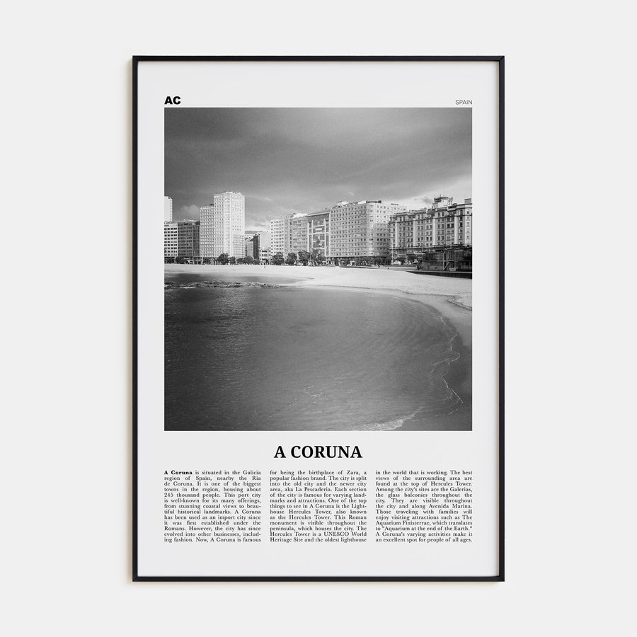 A Coruña Travel B&W Poster