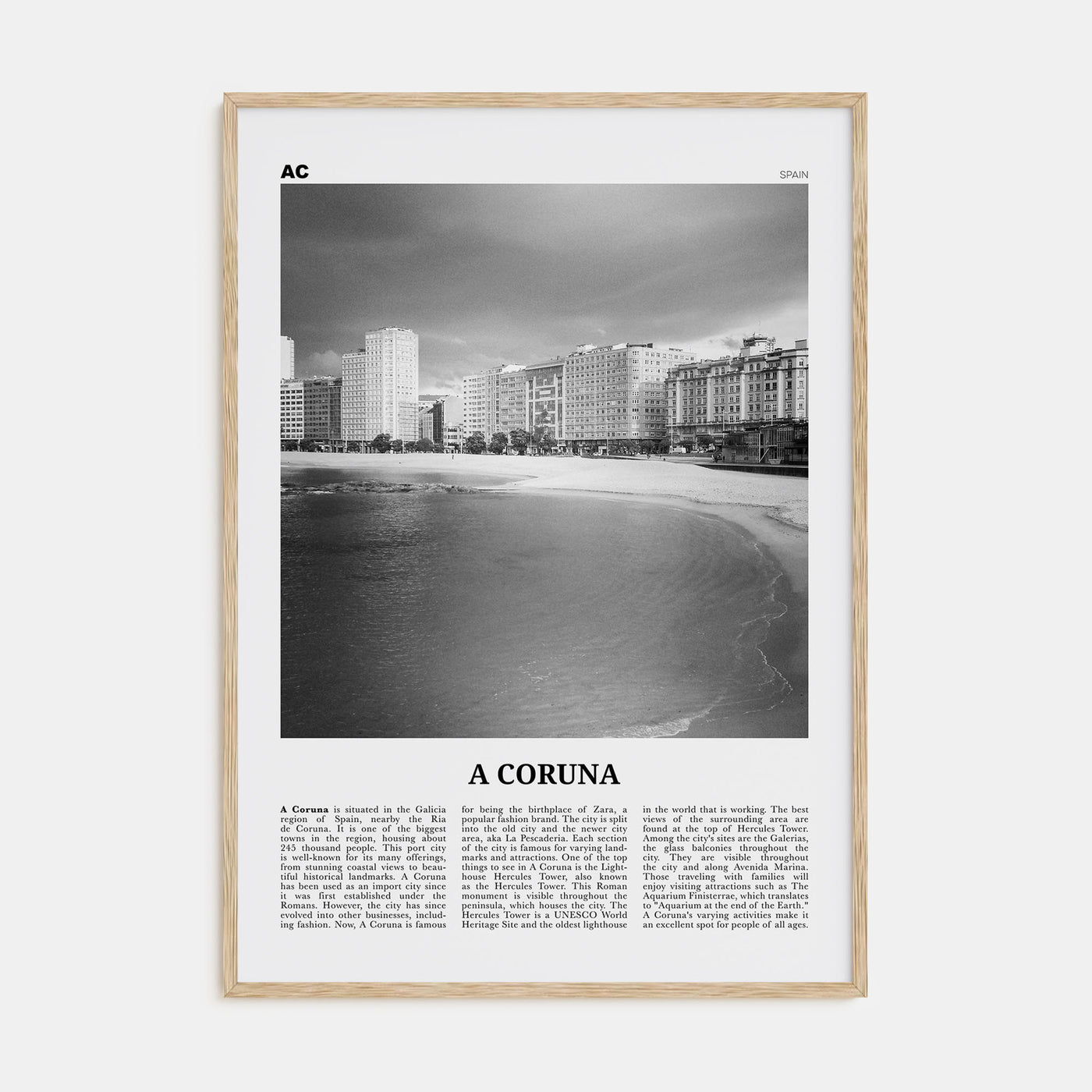 A Coruña Travel B&W Poster