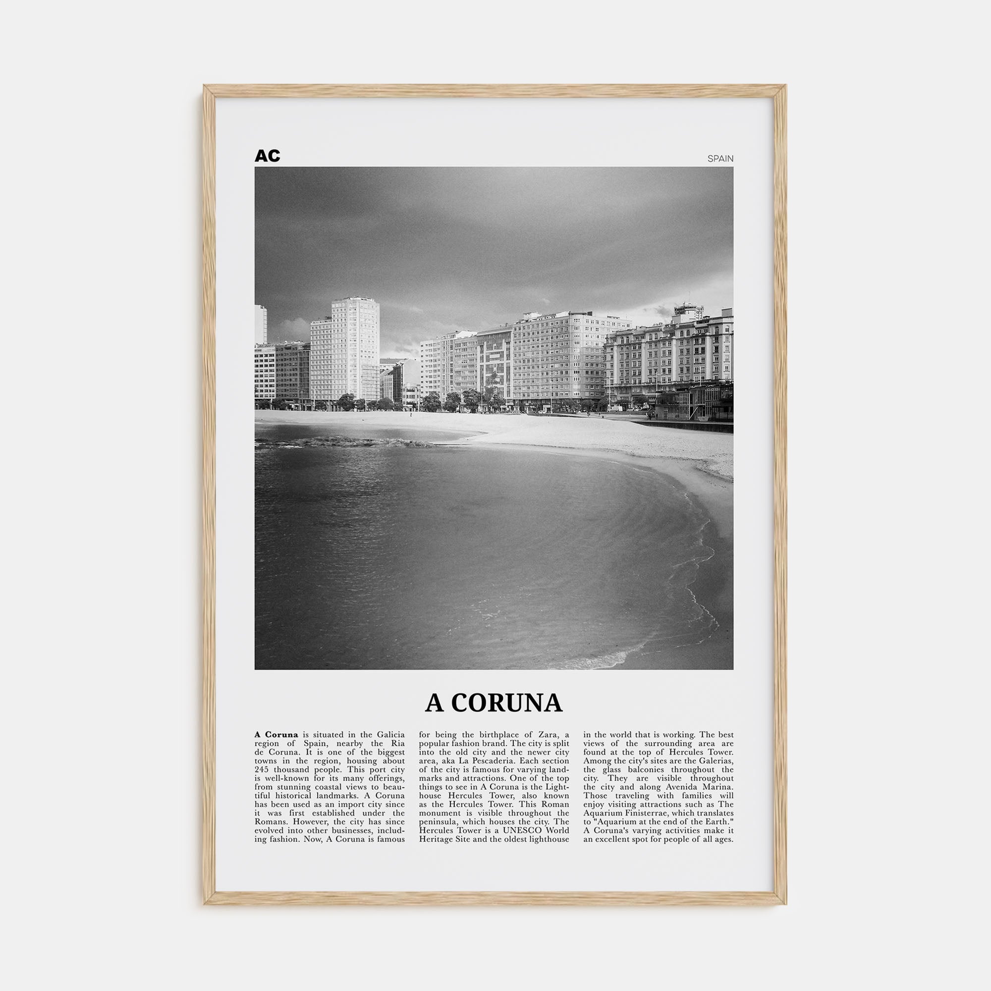 A Coruña Travel B&W Poster