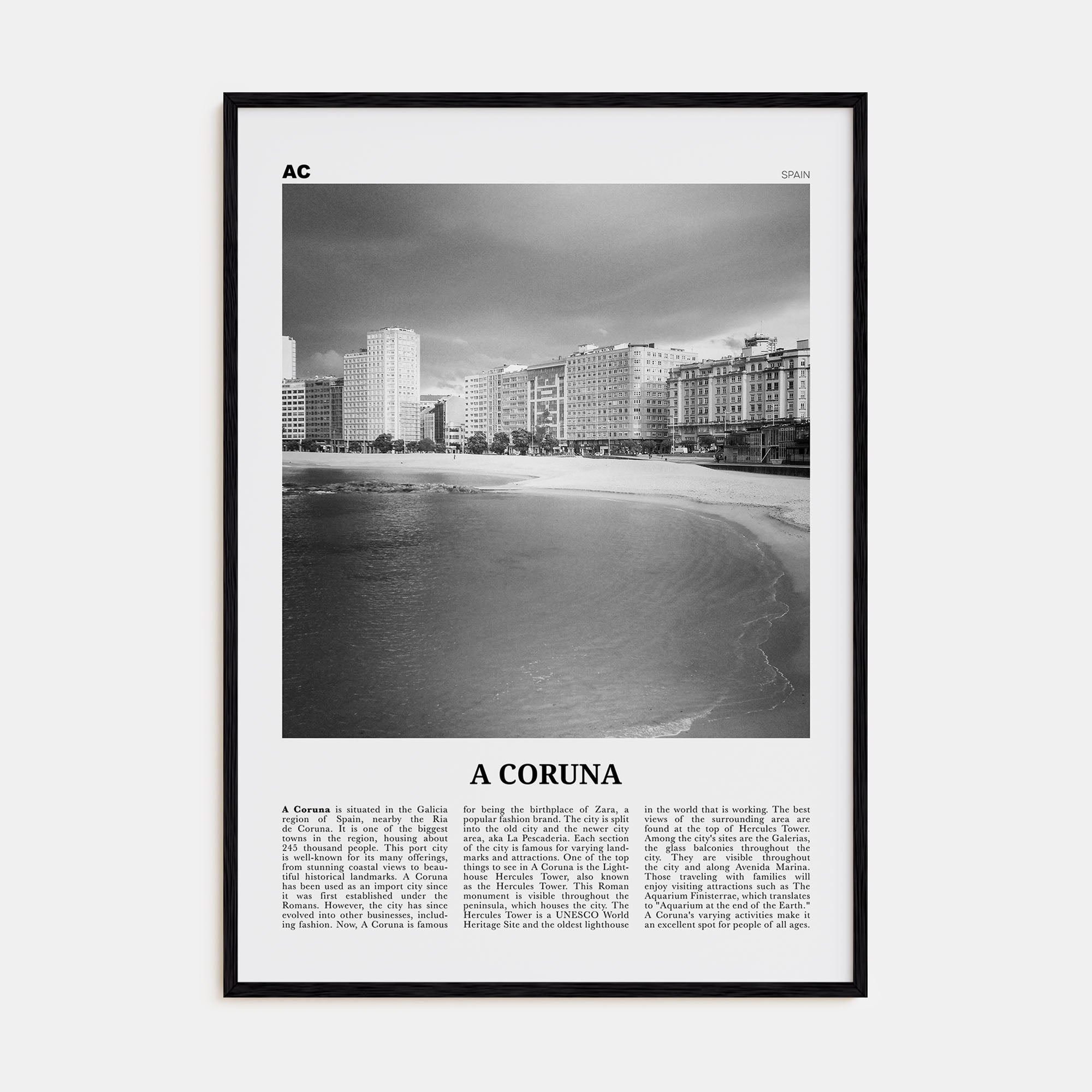 A Coruña Travel B&W Poster