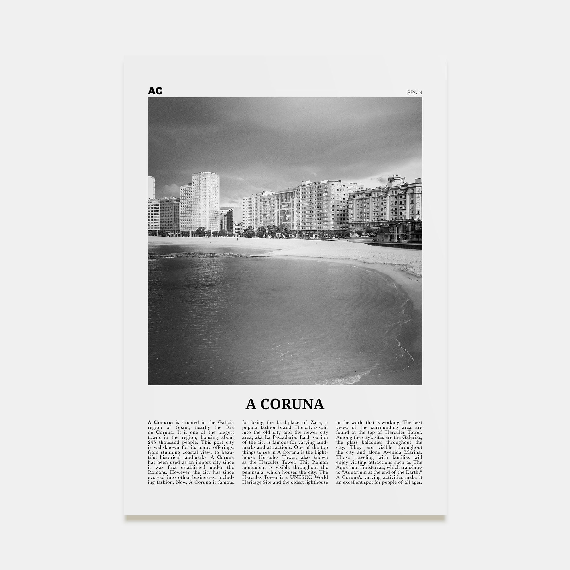 A Coruña Travel B&W Poster