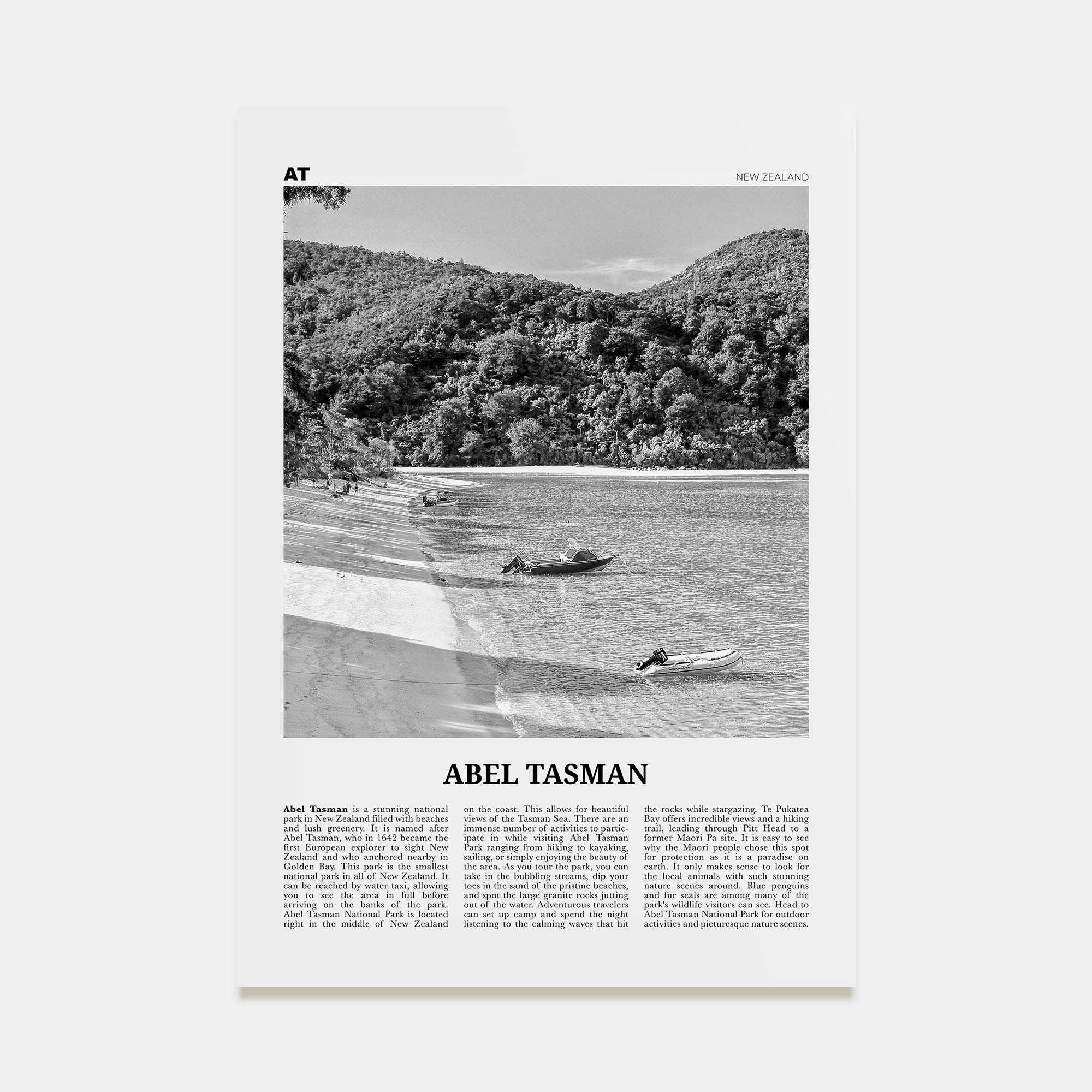 Abel Tasman National Park Travel B&W Poster