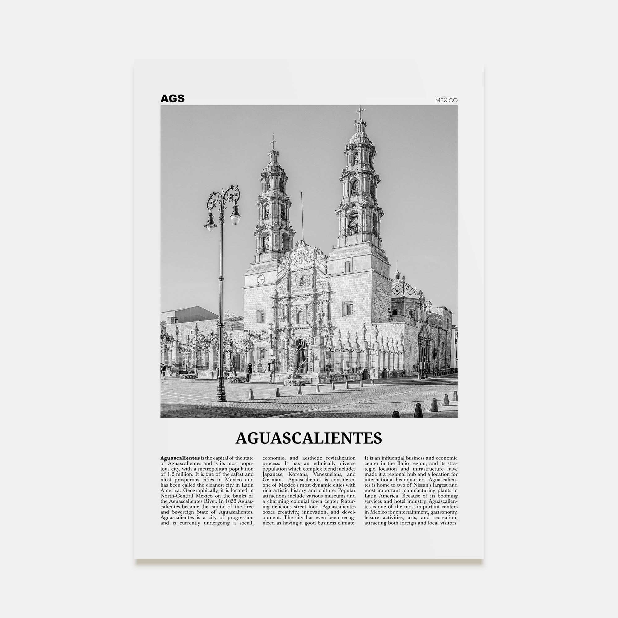 Aguascalientes Travel B&W Poster