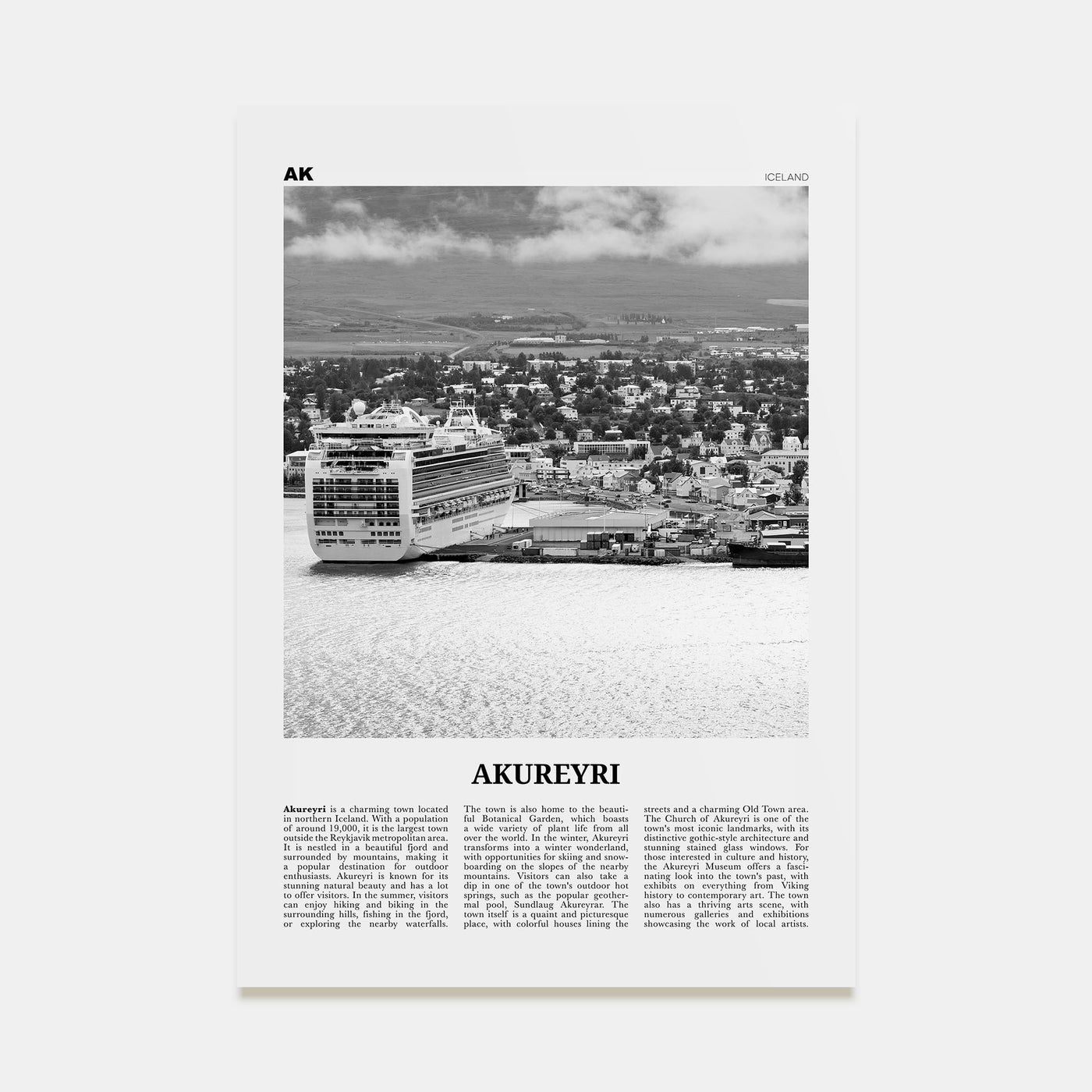 Akureyri Travel B&W Poster