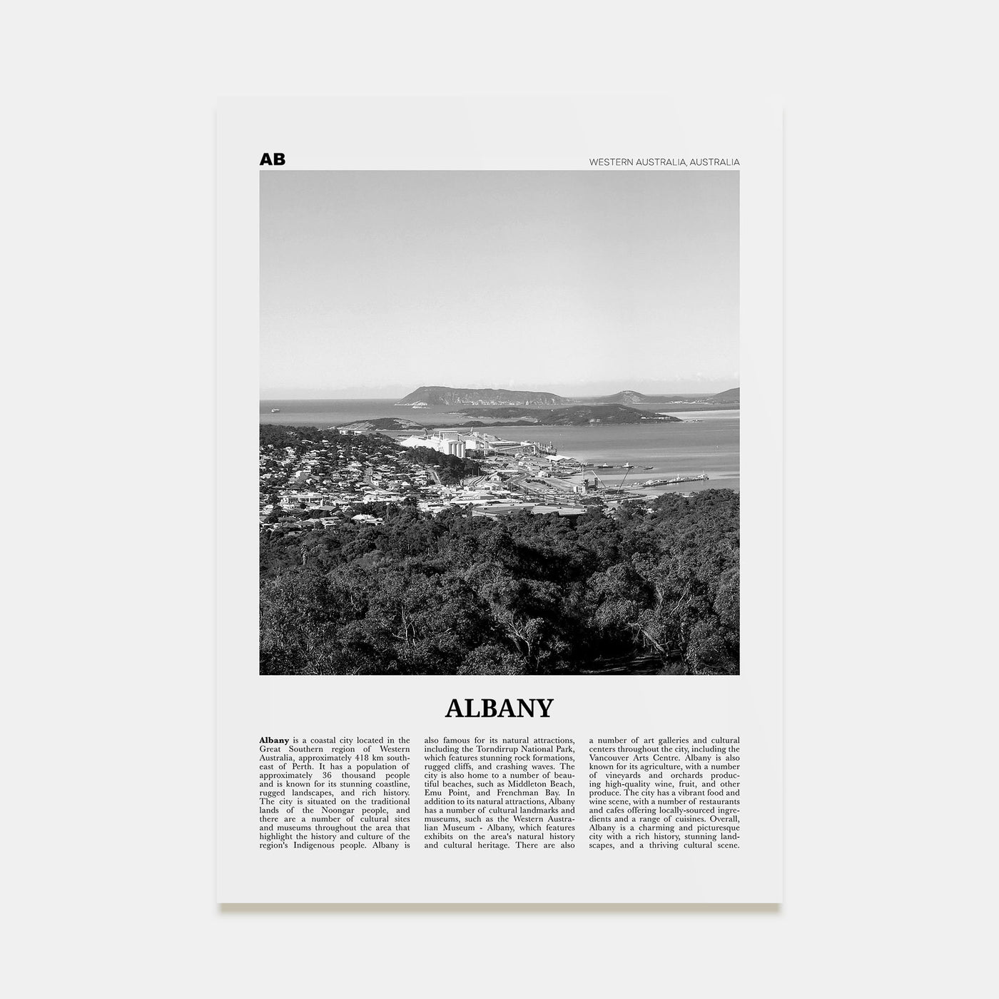 Albany, Australia Travel B&W Poster