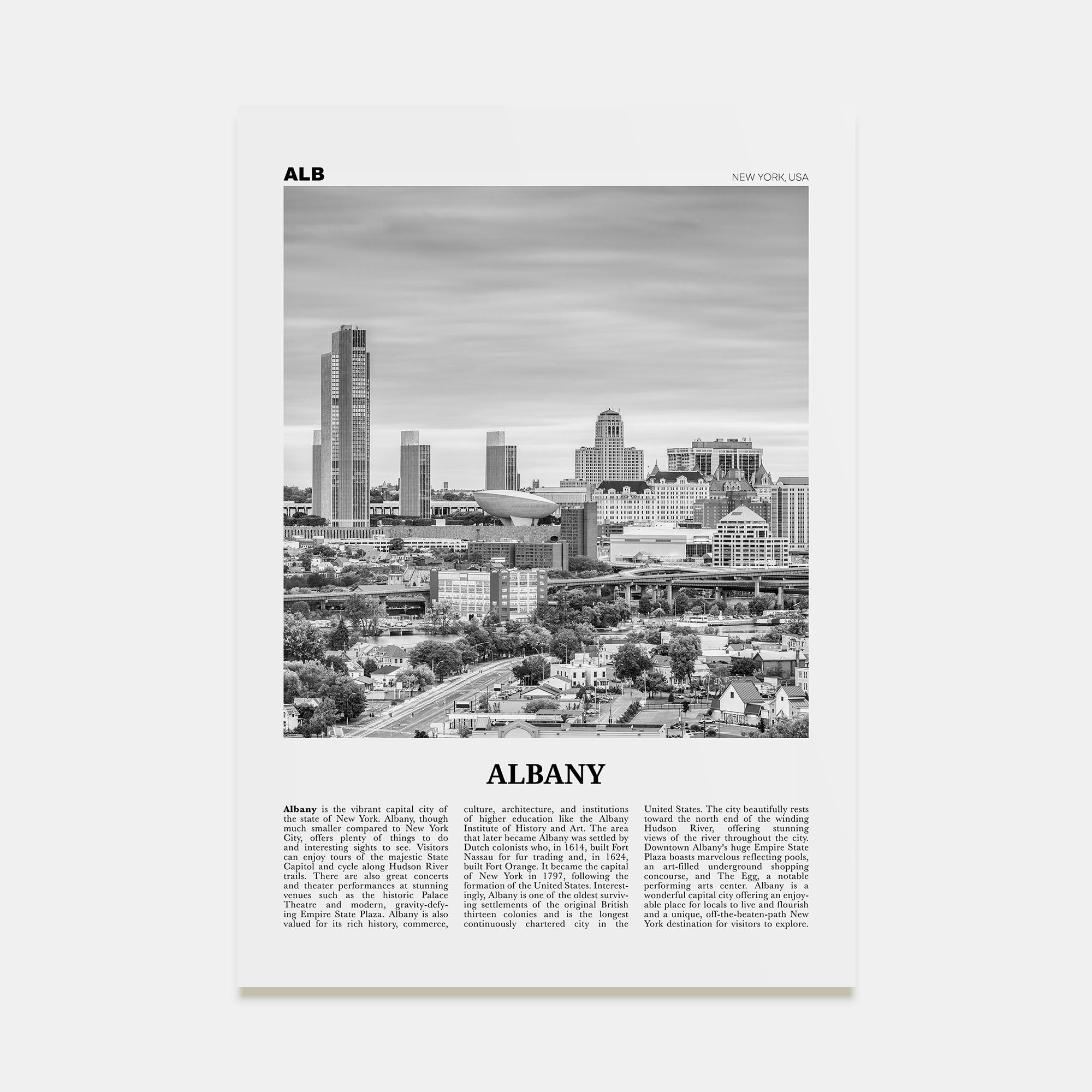 Albany, New York Travel B&W Poster