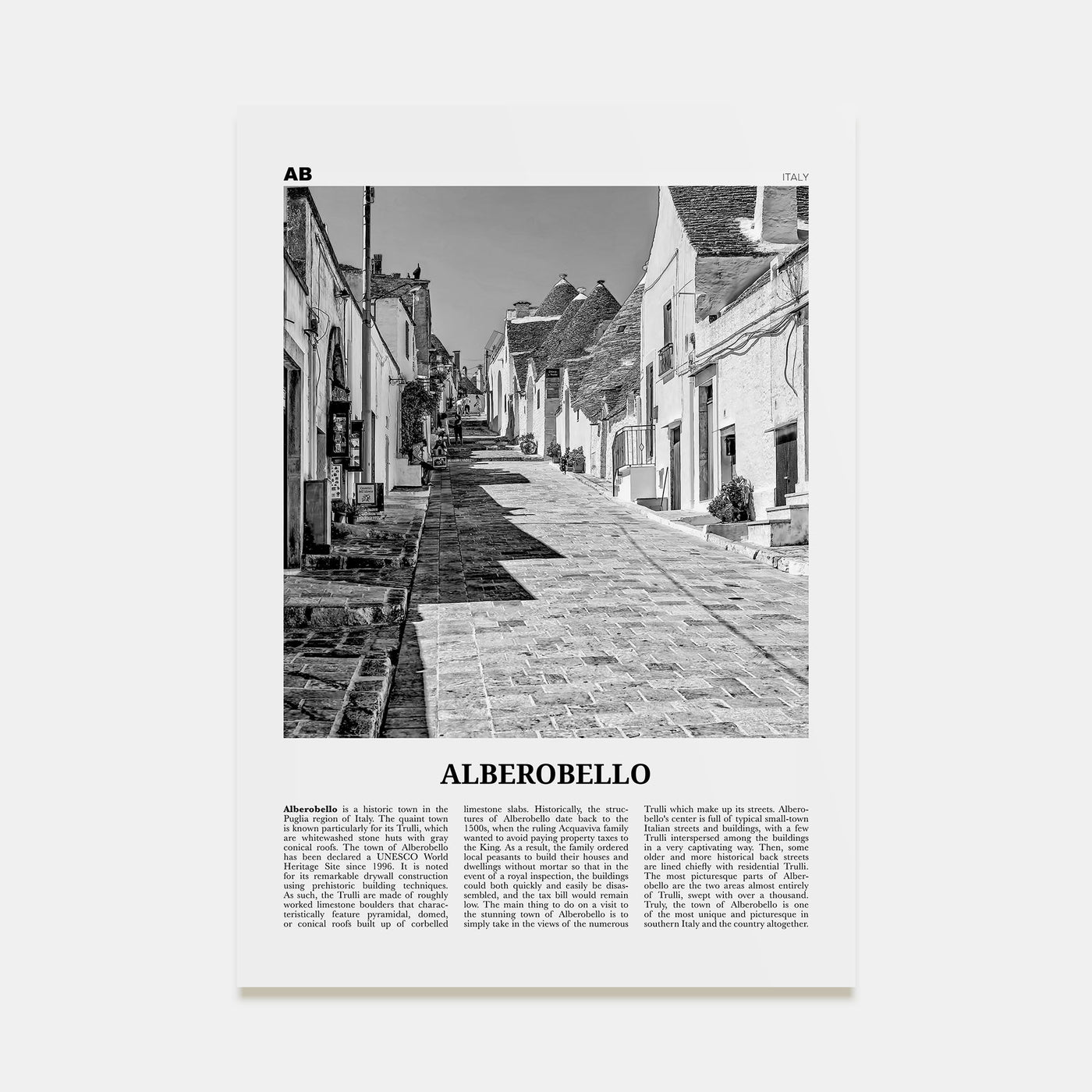 Alberobello Travel B&W Poster