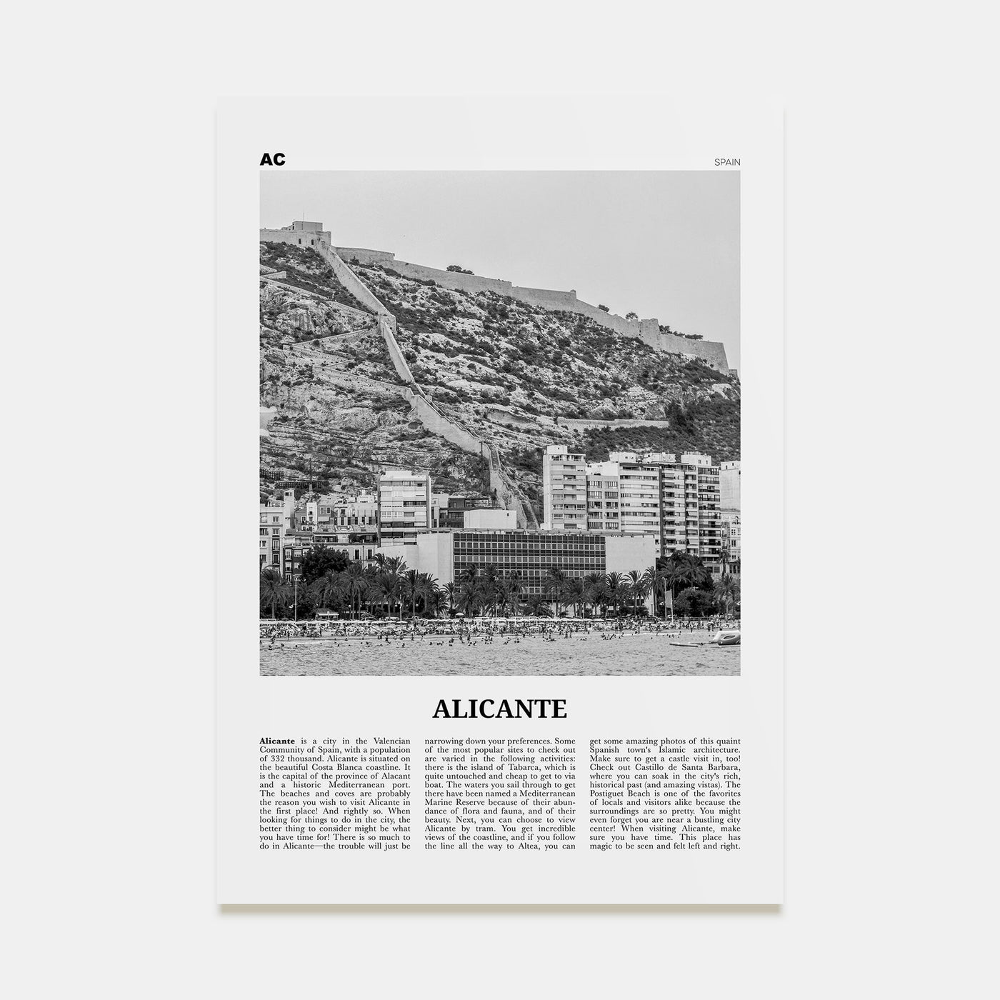 Alicante Travel B&W Poster