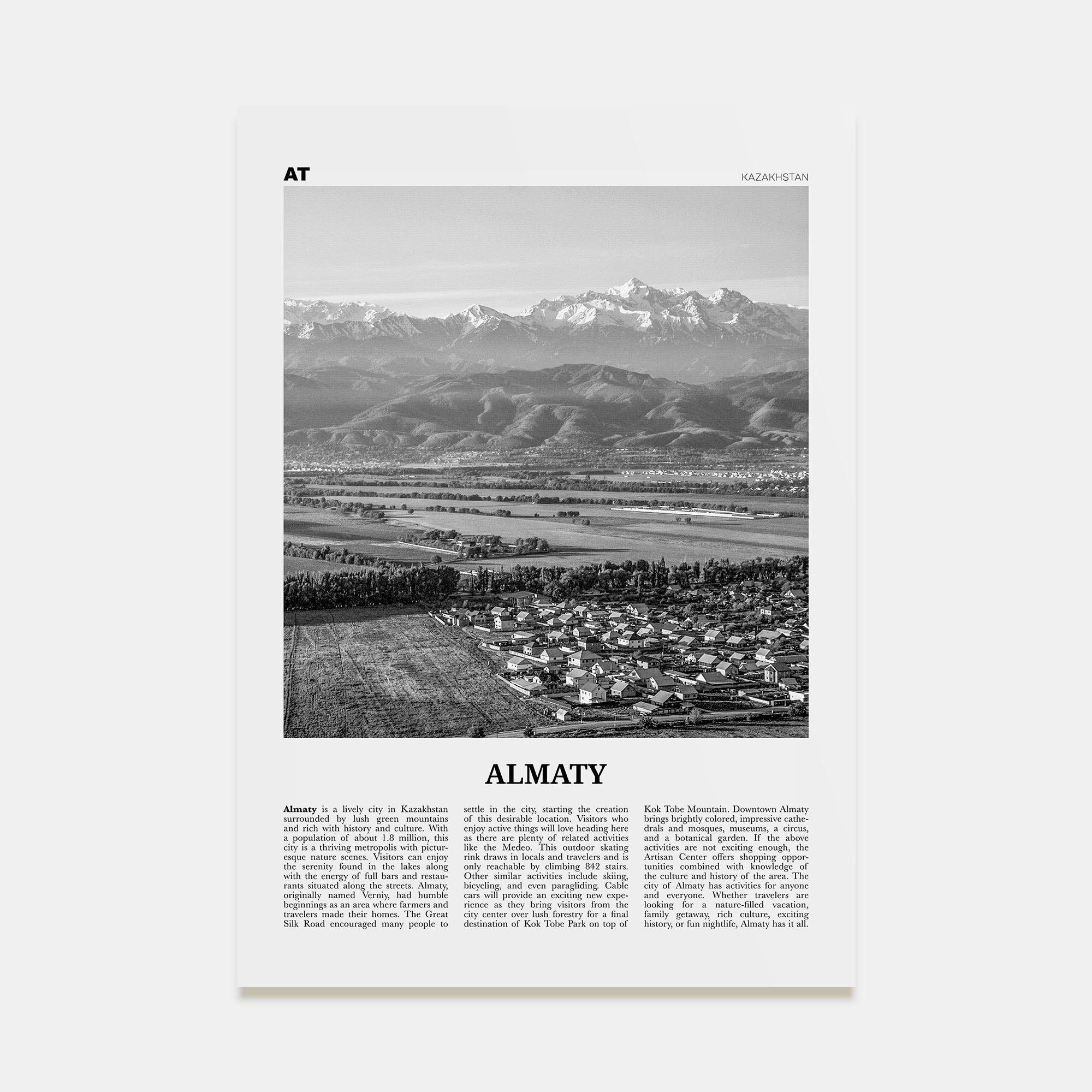 Almaty Travel B&W Poster