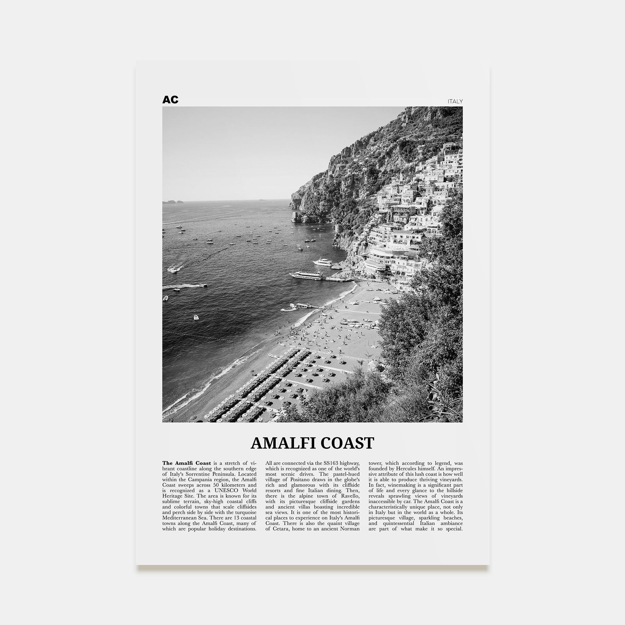 Amalfi Coast Travel B&W Poster