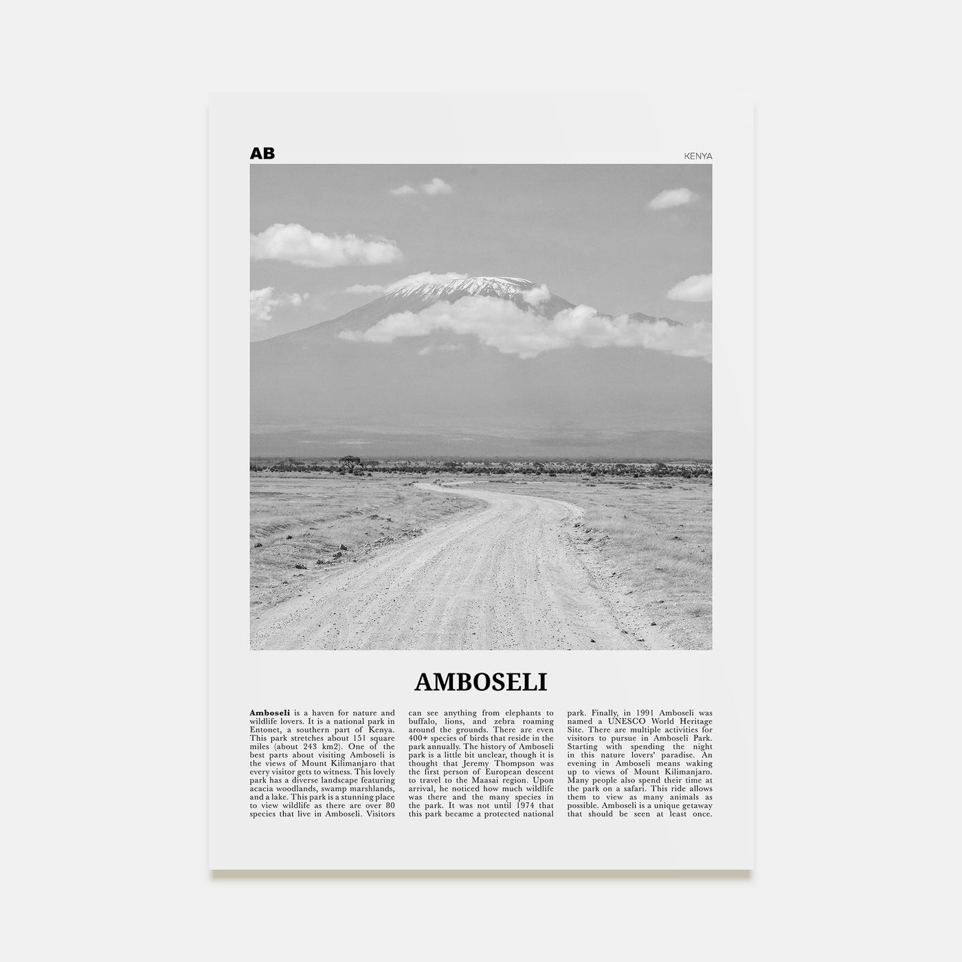 Amboseli Travel B&W Poster
