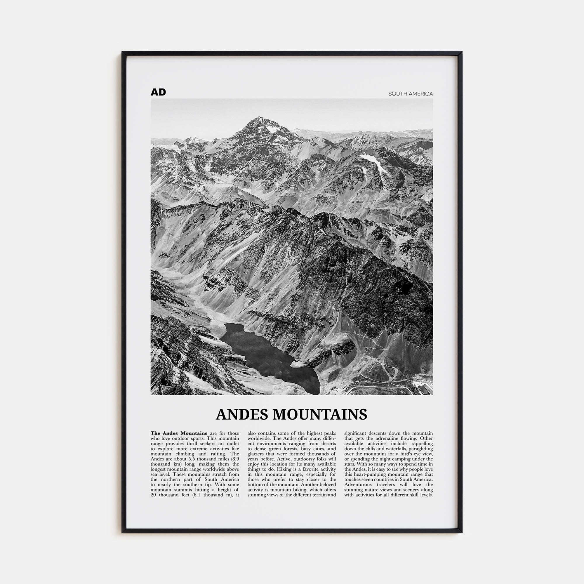 Andes Mountains Travel B&W Poster