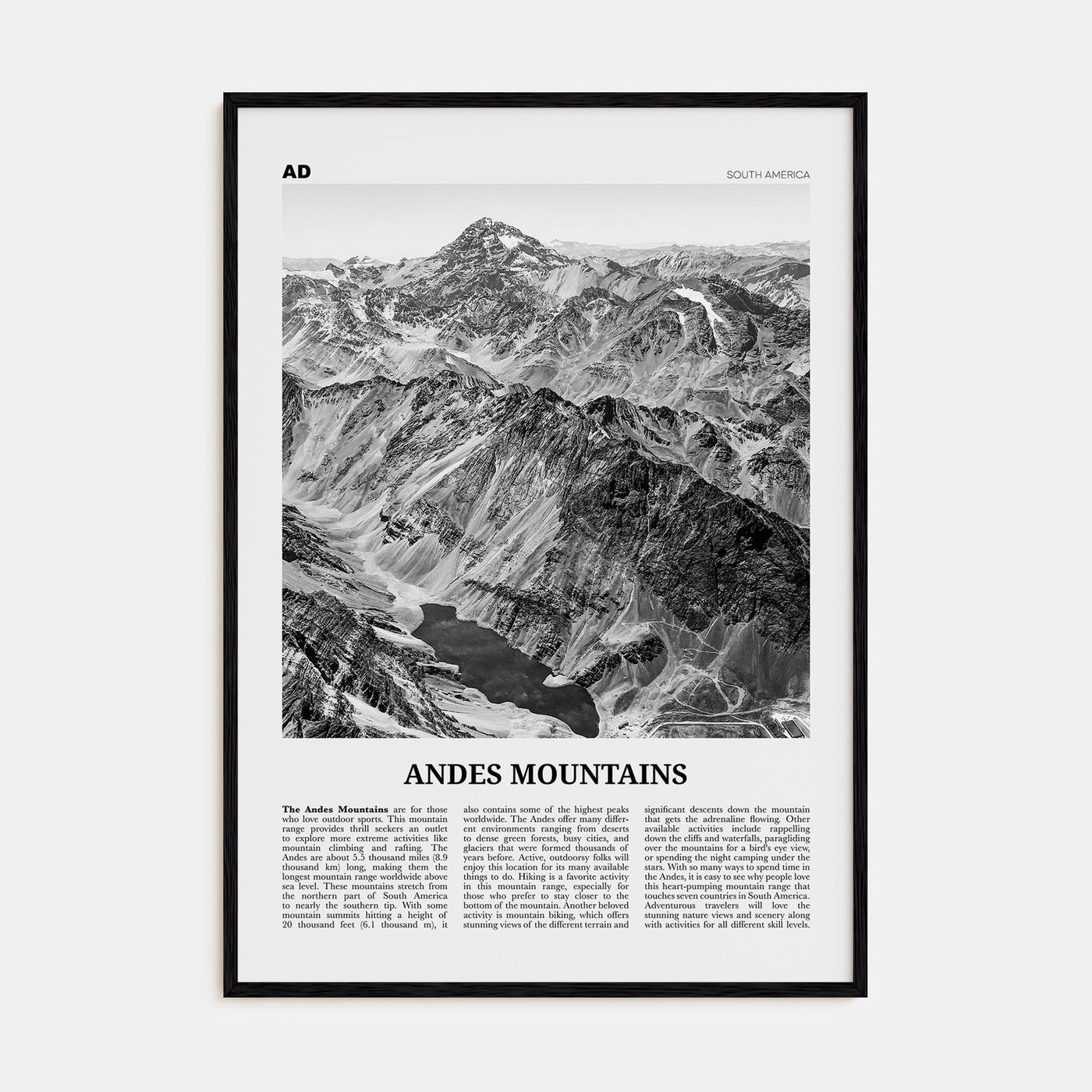Andes Mountains Travel B&W Poster