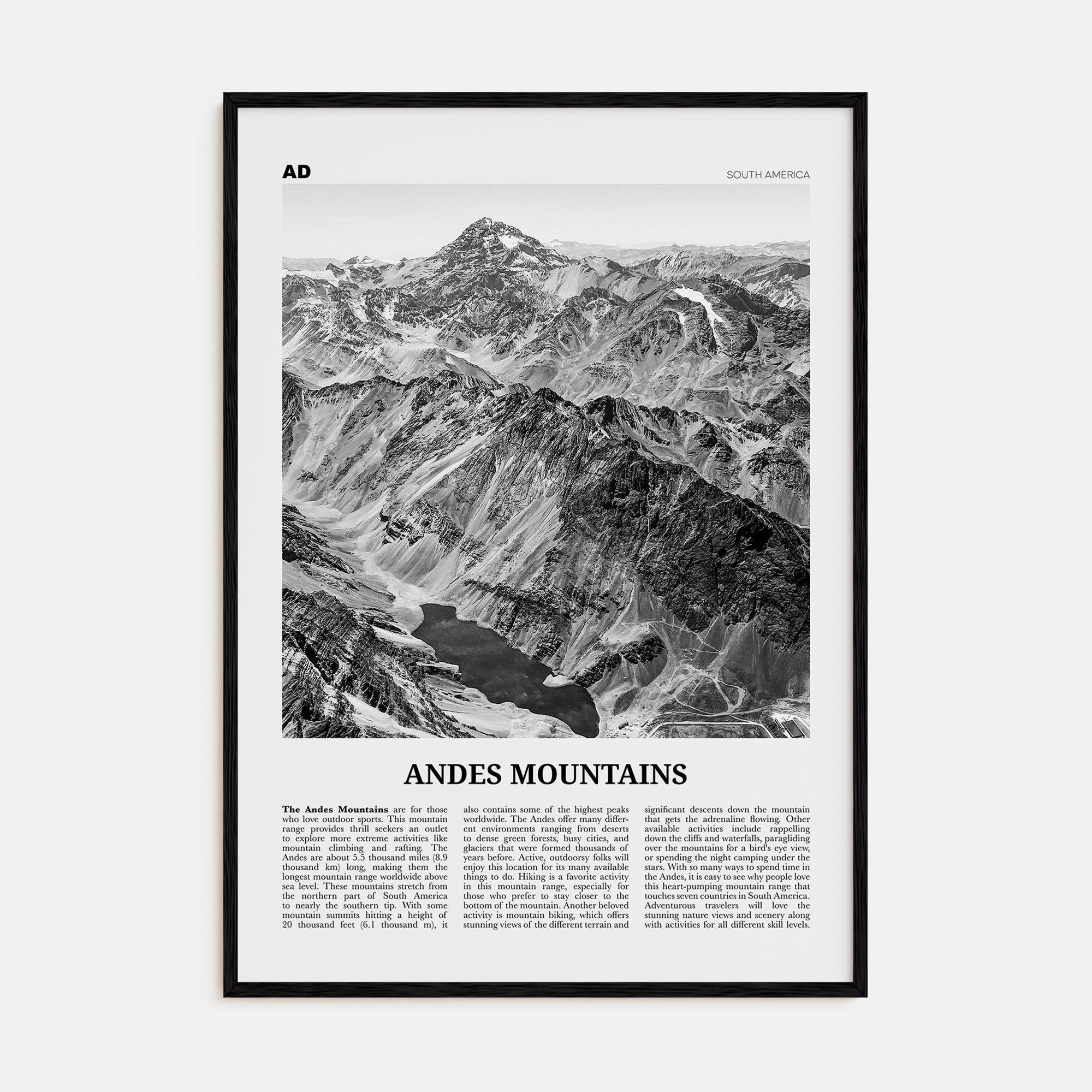 Andes Mountains Travel B&W Poster