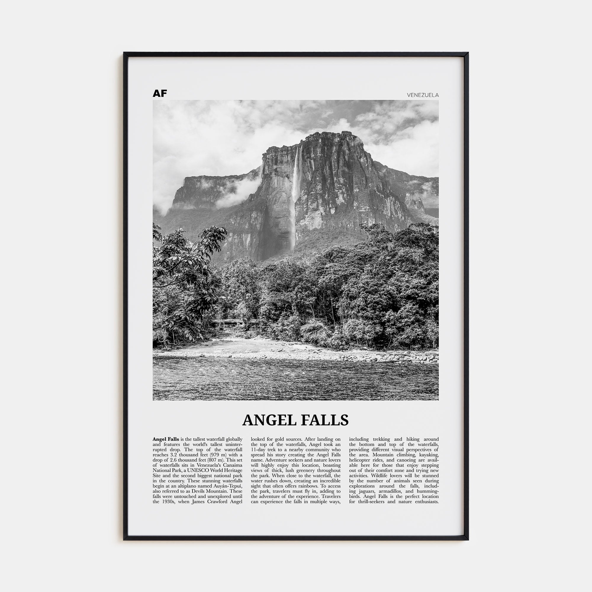 Angel Falls Travel B&W Poster