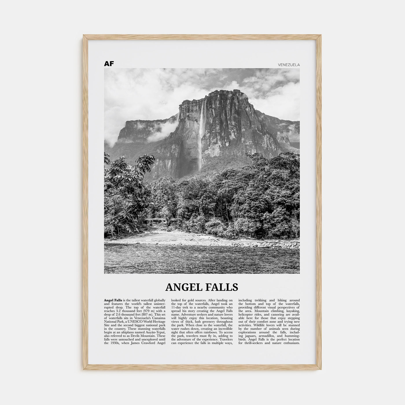 Angel Falls Travel B&W Poster