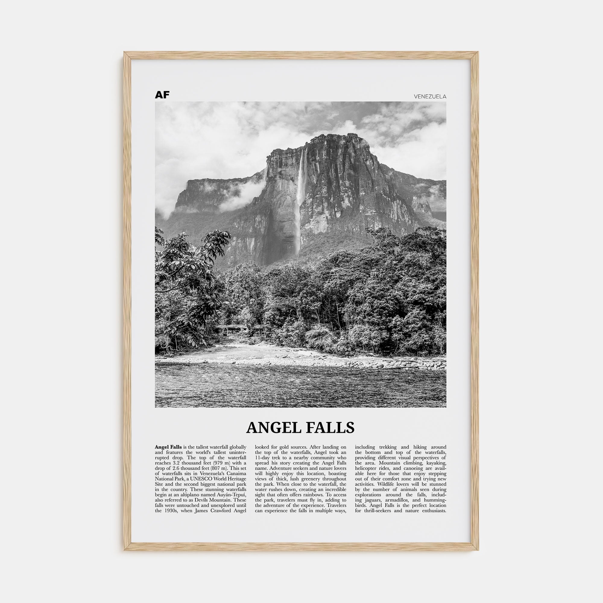 Angel Falls Travel B&W Poster