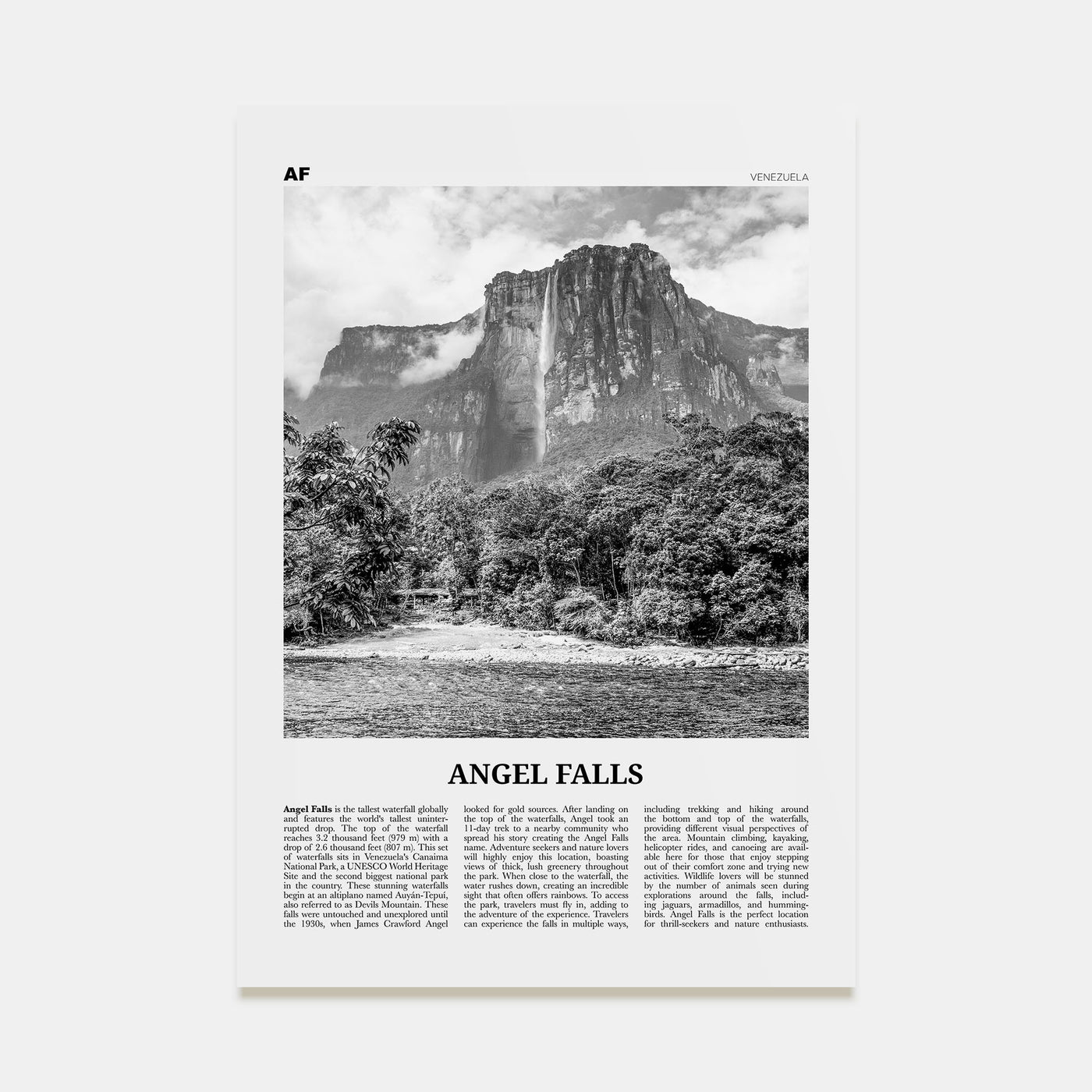 Angel Falls Travel B&W Poster