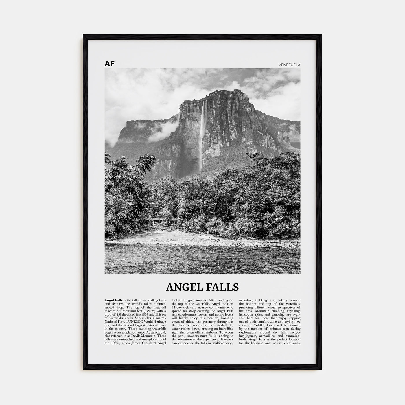 Angel Falls Travel B&W Poster