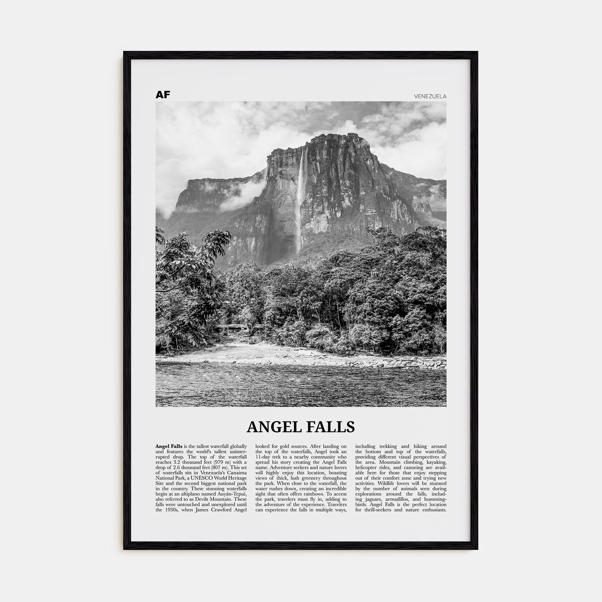Angel Falls Travel B&W Poster