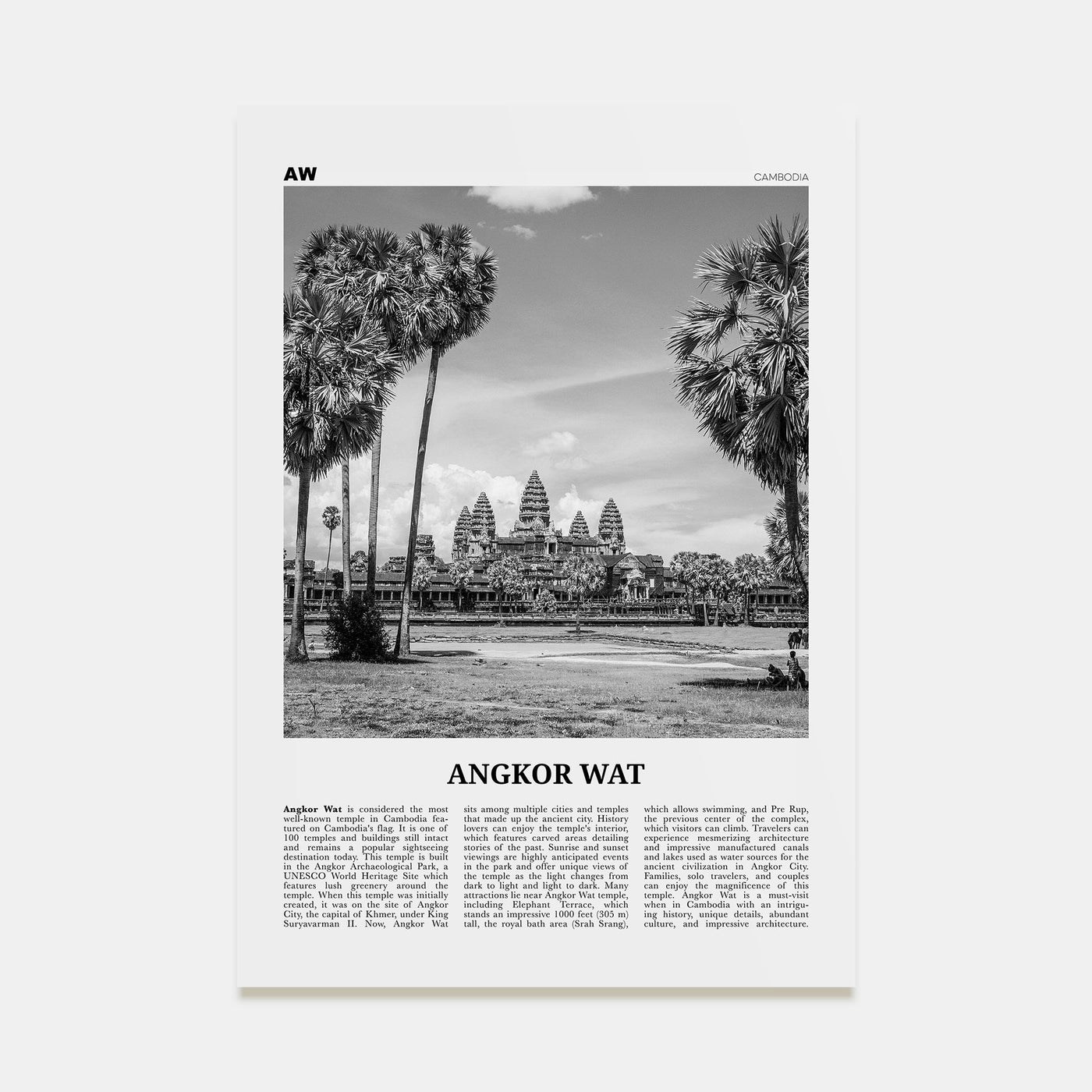 Angkor Wat Travel B&W Poster