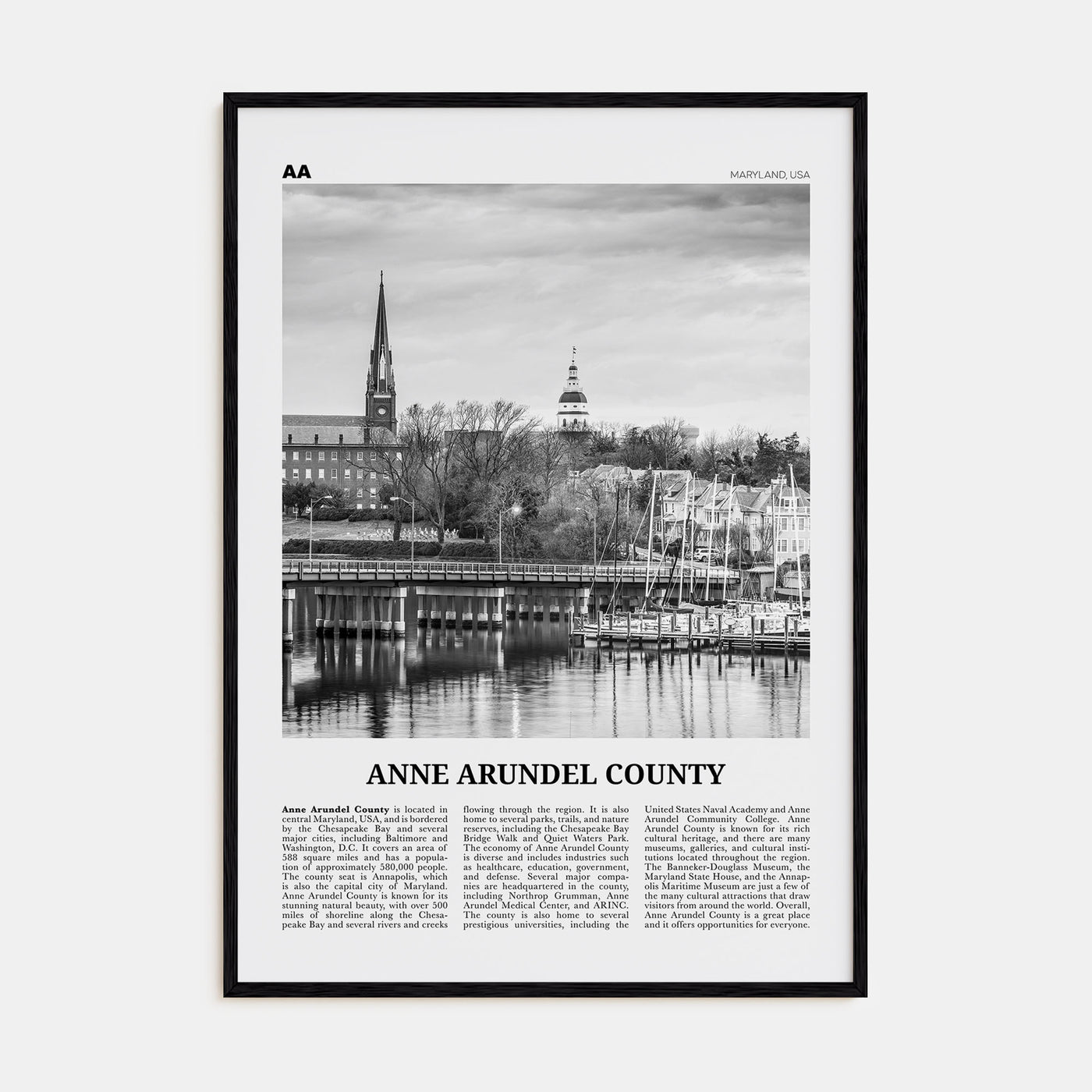 Anne Arundel County Travel B&W Poster