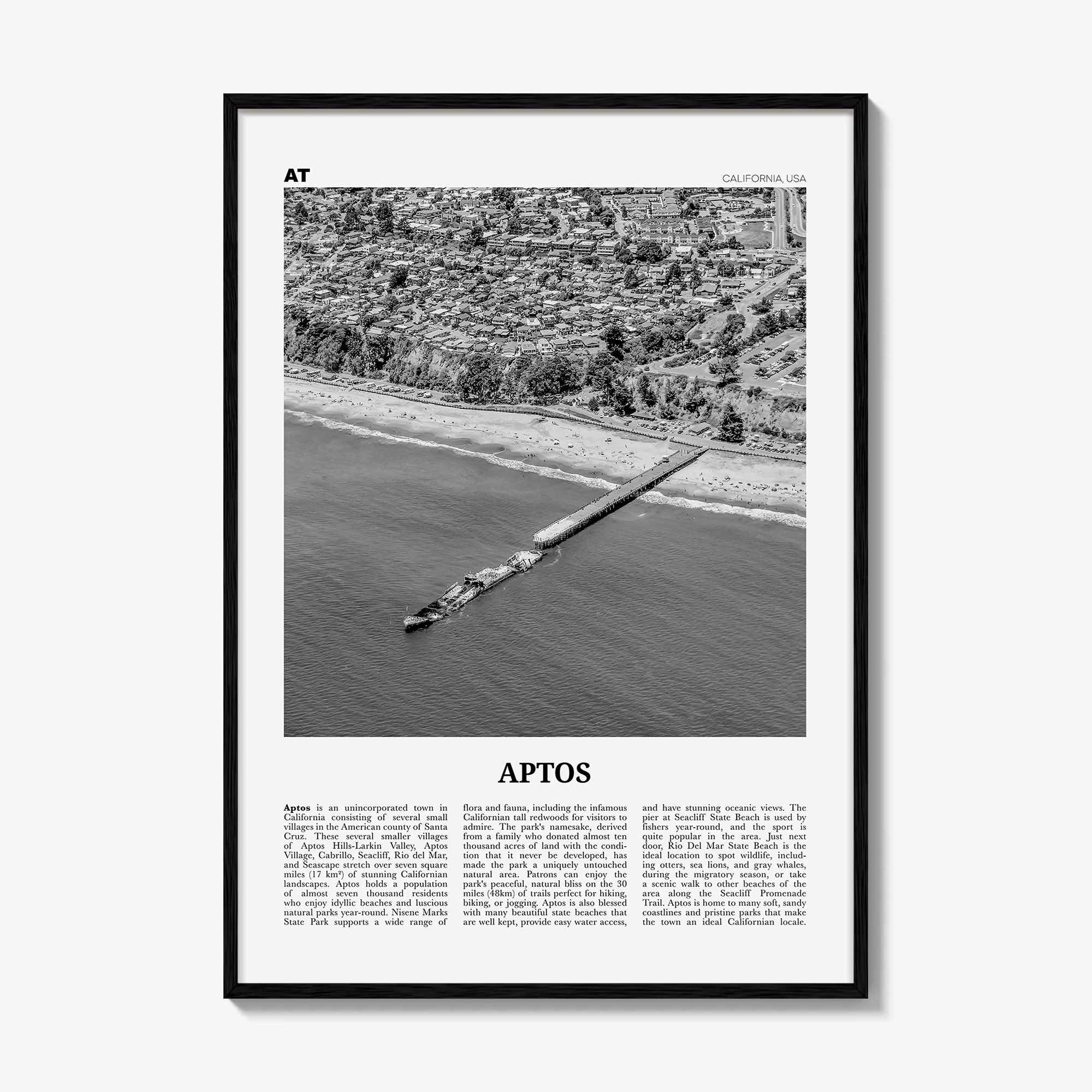 Aptos Print Black and White, Aptos Wall Art, Aptos Poster, Aptos Photo, Aptos Map, Aptos Wall Decor, California, USA, United States